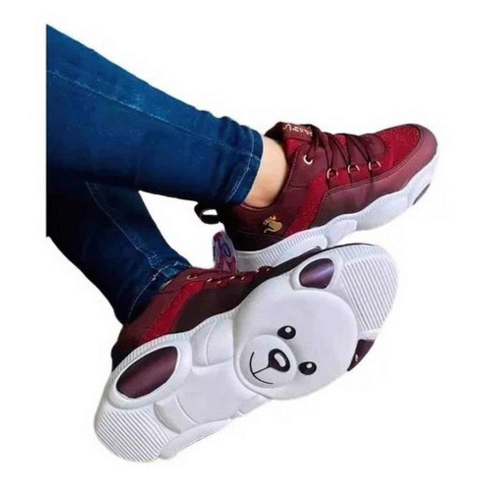 Tenis Tipo Plataforma Color Vino Con Suela De Oso Osito Dama