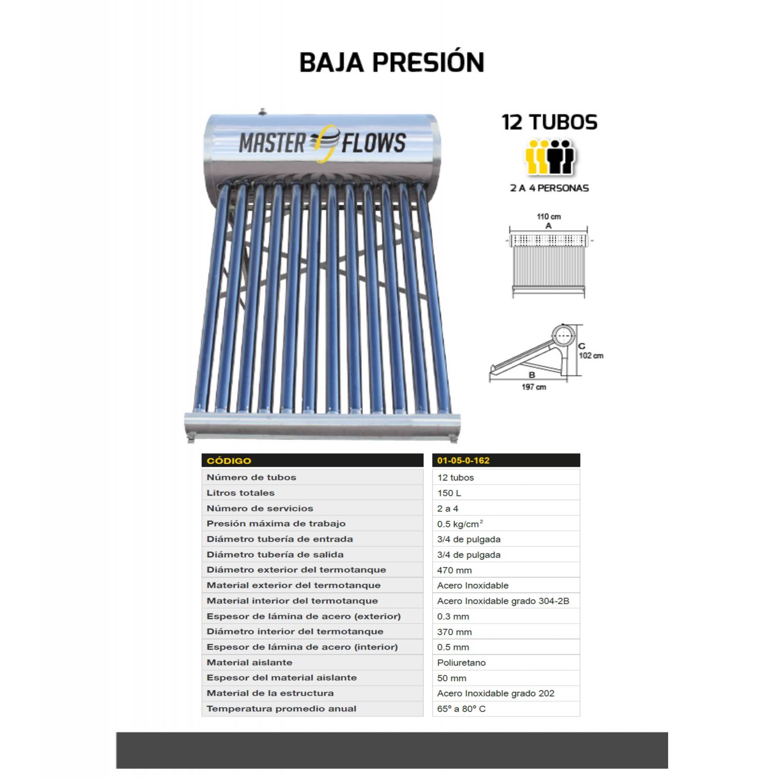 Calentador Solar MasterFlows 12 Tubos 150 Litros Baja Presión CALSOL-12