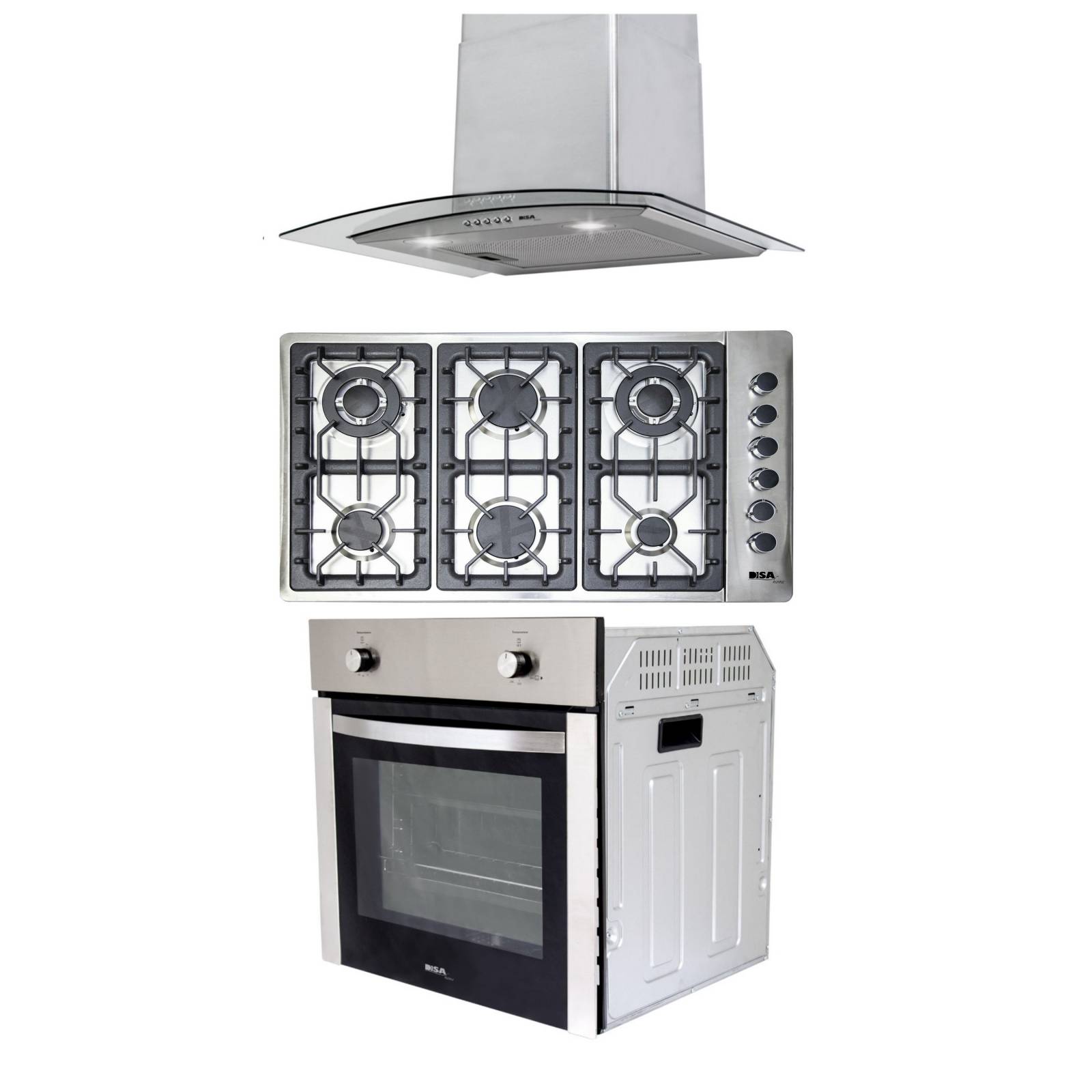 Combo DISA Home Parrilla a Gas 6 Quemadores Acero Inox, Campana Cristal 60 cm y Horno a Gas LP para Empotrar 60 cm Acero Inox.