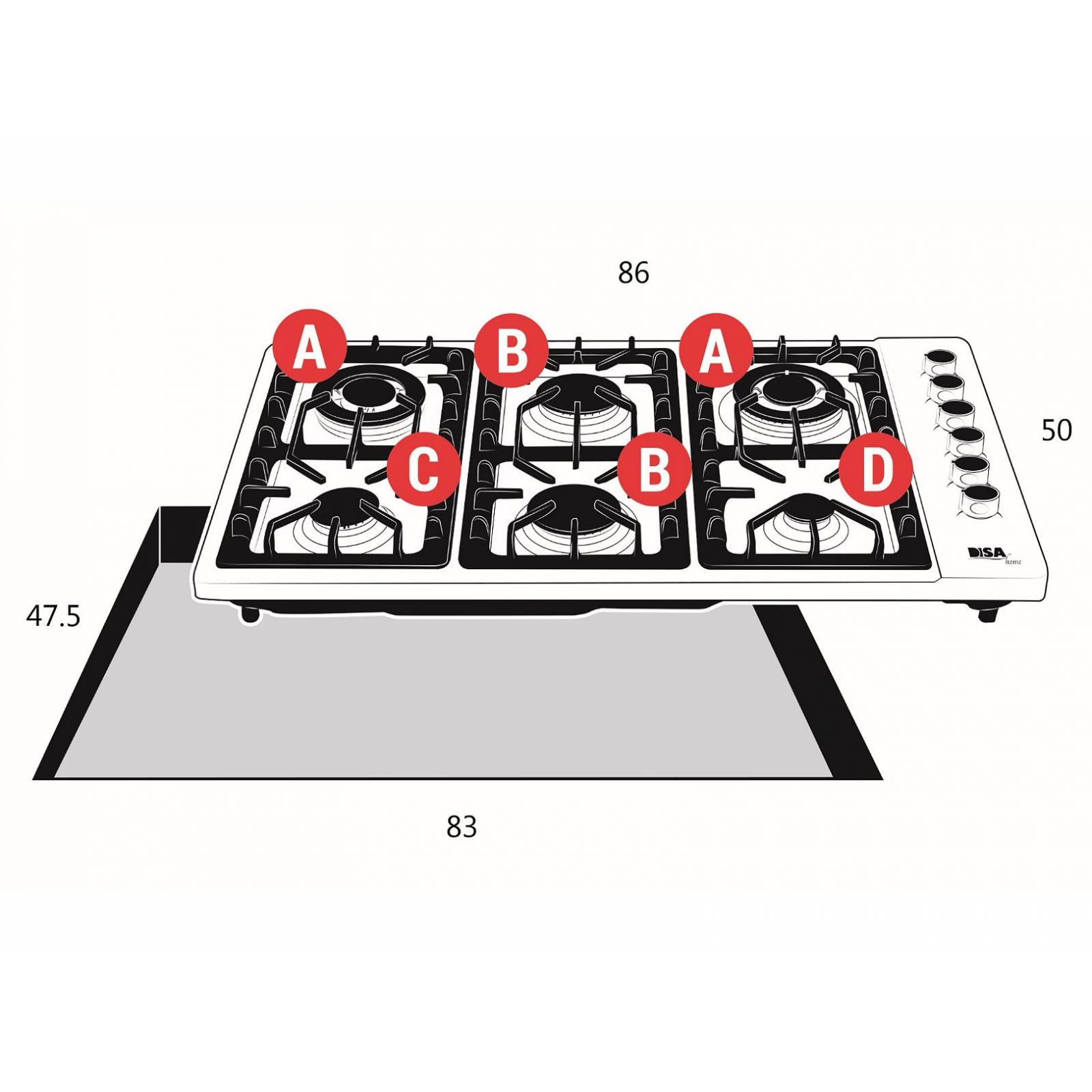 Combo DISA Home Parrilla a Gas 6 Quemadores Acero Inox, Campana Cristal 60 cm y Horno a Gas LP para Empotrar 60 cm Acero Inox.