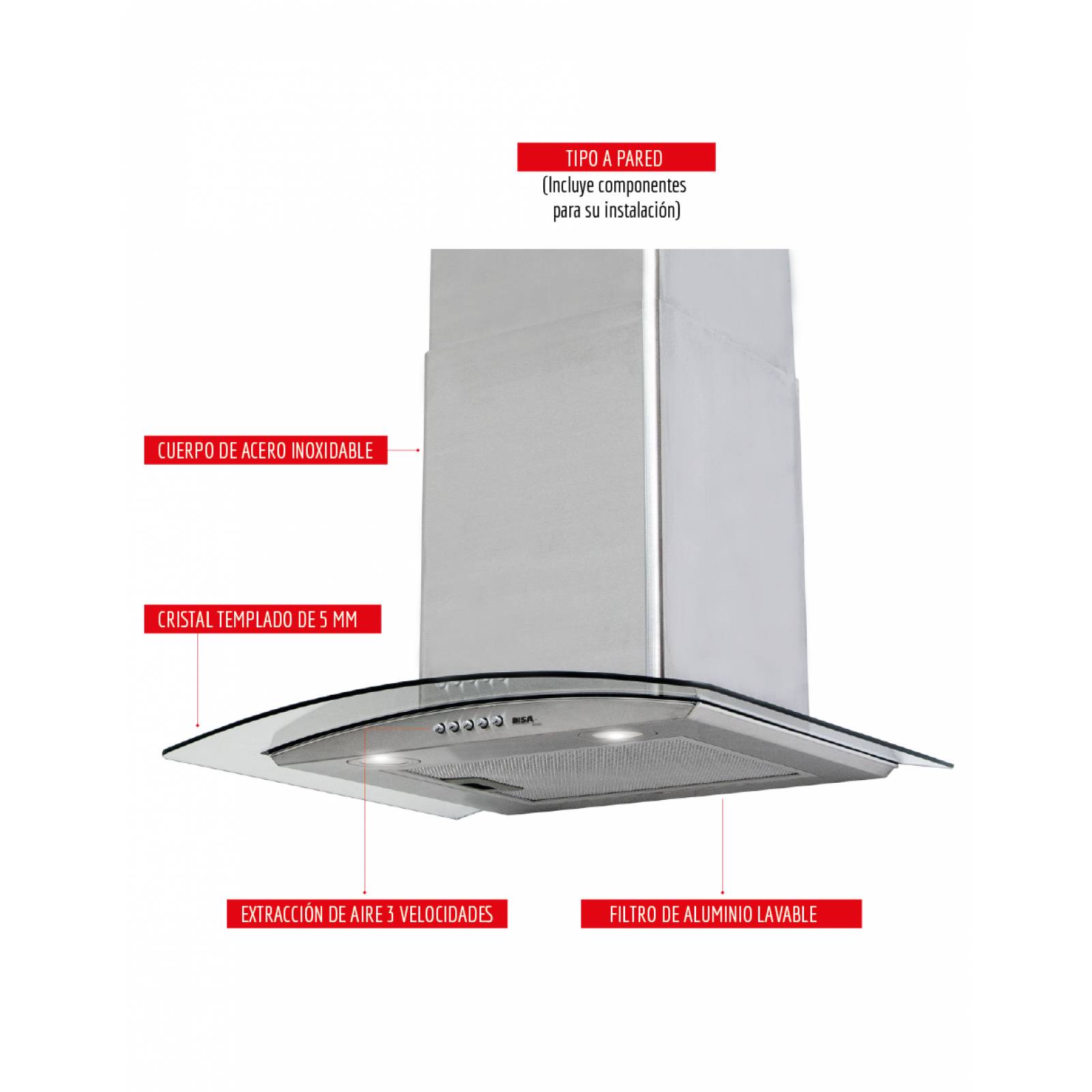 Combo DISA Home Parrilla a Gas 6 Quemadores Acero Inox, Campana Cristal 60 cm y Horno a Gas LP para Empotrar 60 cm Acero Inox.