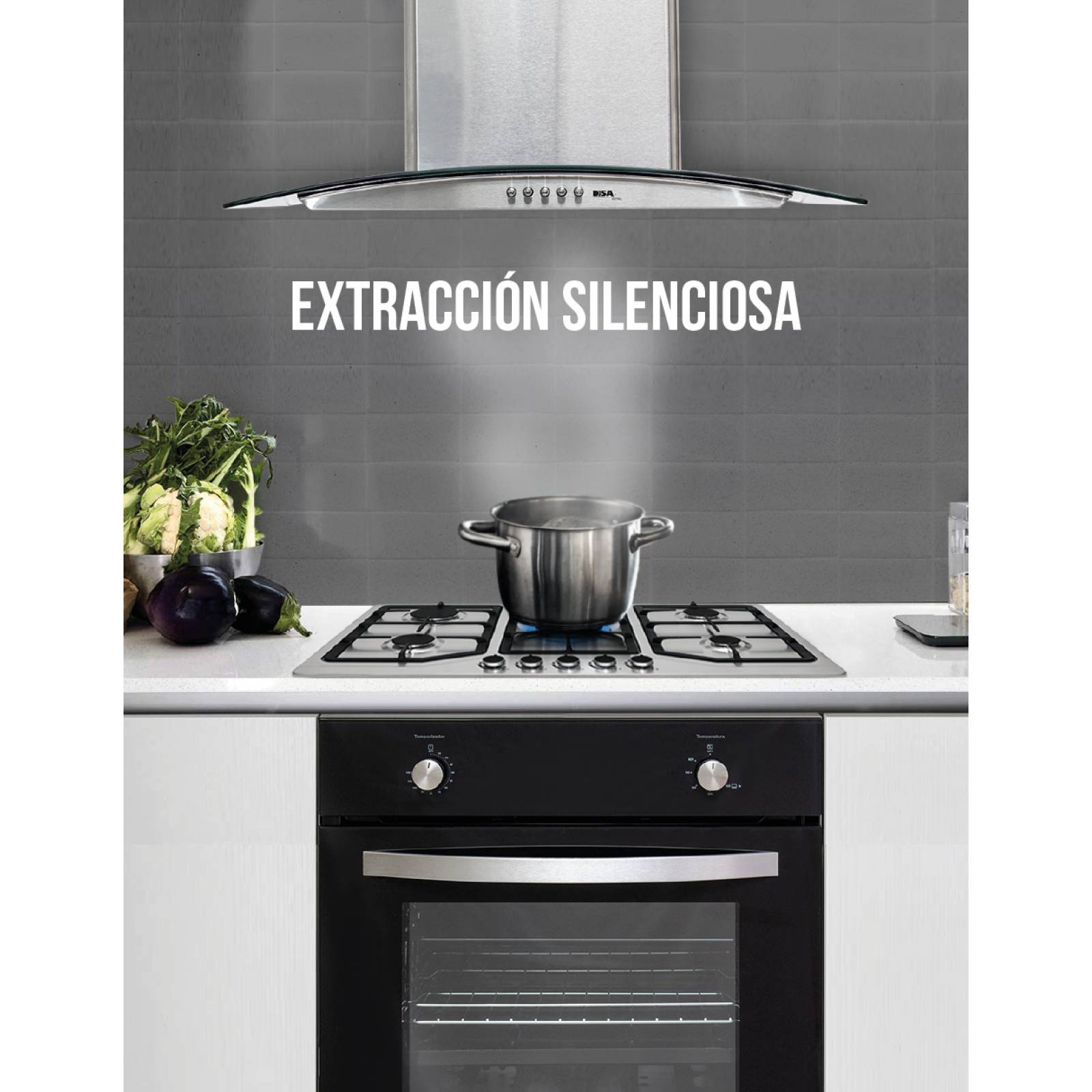 Combo DISA Home Parrilla a Gas 6 Quemadores Acero Inox, Campana Cristal 60 cm y Horno a Gas LP para Empotrar 60 cm Acero Inox.