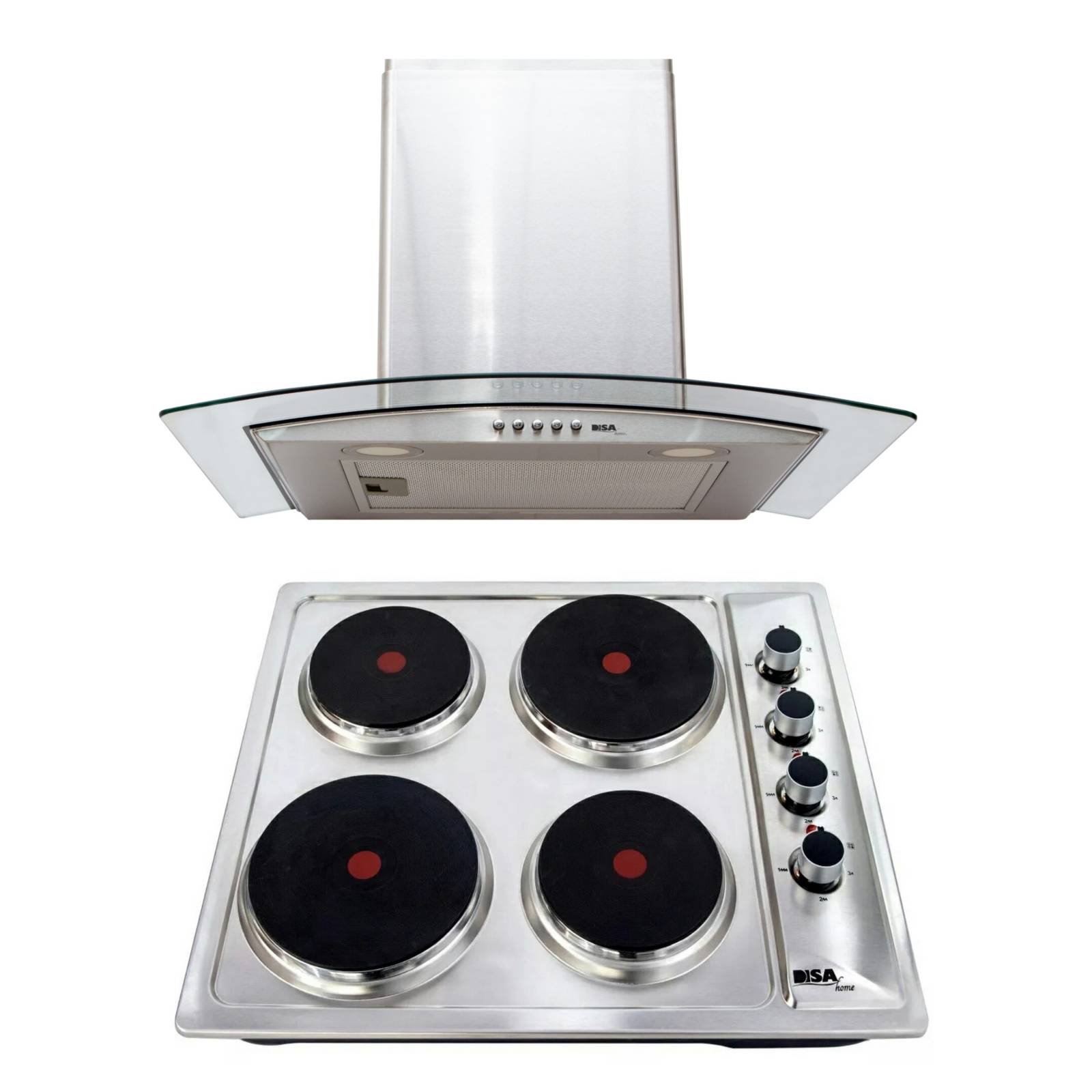 Combo DISA Home Parrilla Eléctrica 4 Quemadores Acero Inox y Campana Cristal 60 cm Acero Inox