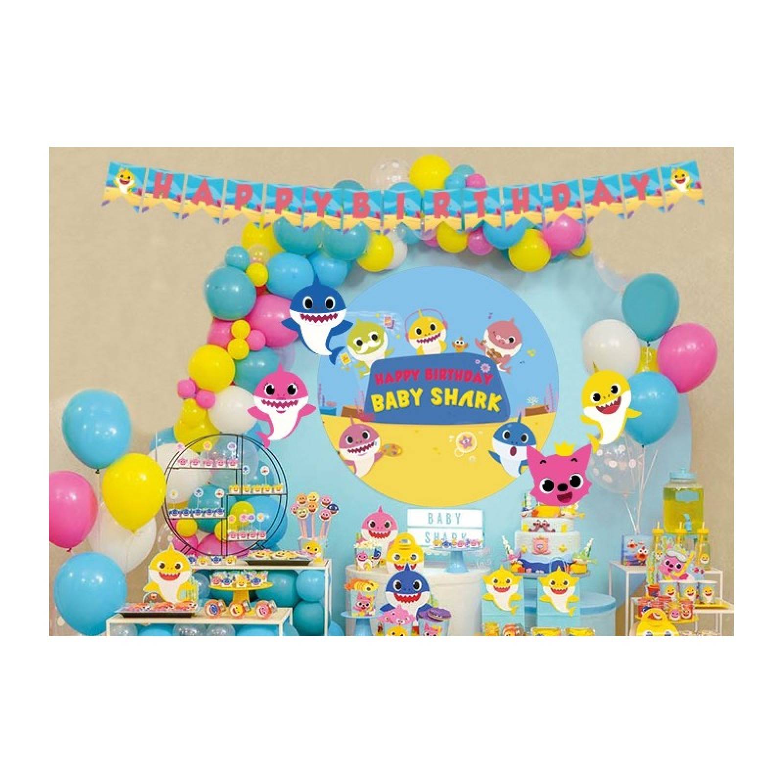 Kit Decoracion Set Globos Cumpleaños Tematica Baby Shark