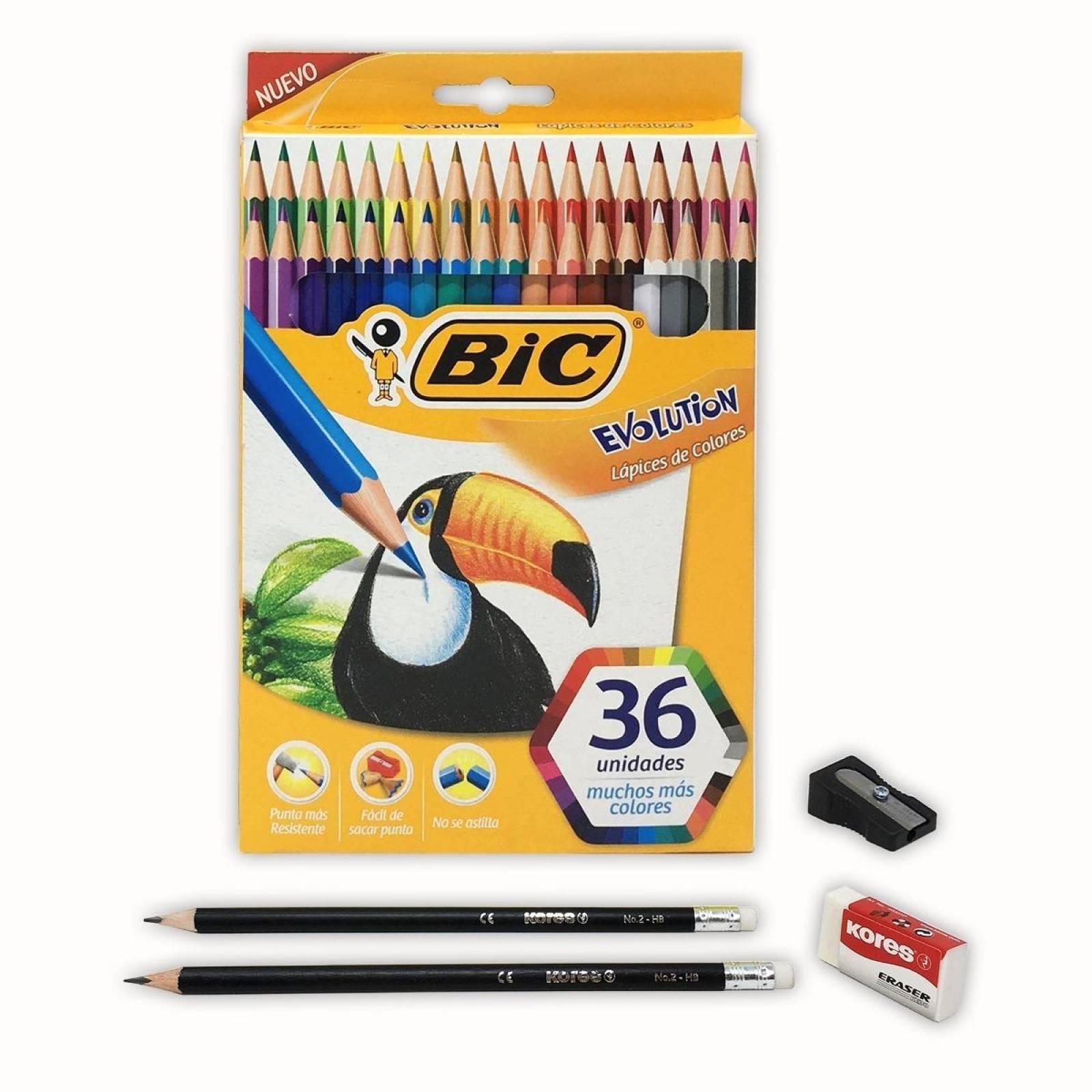 Colores Bic Evolution 36 Con Sacapuntas, Goma Y Dos Lápices 
