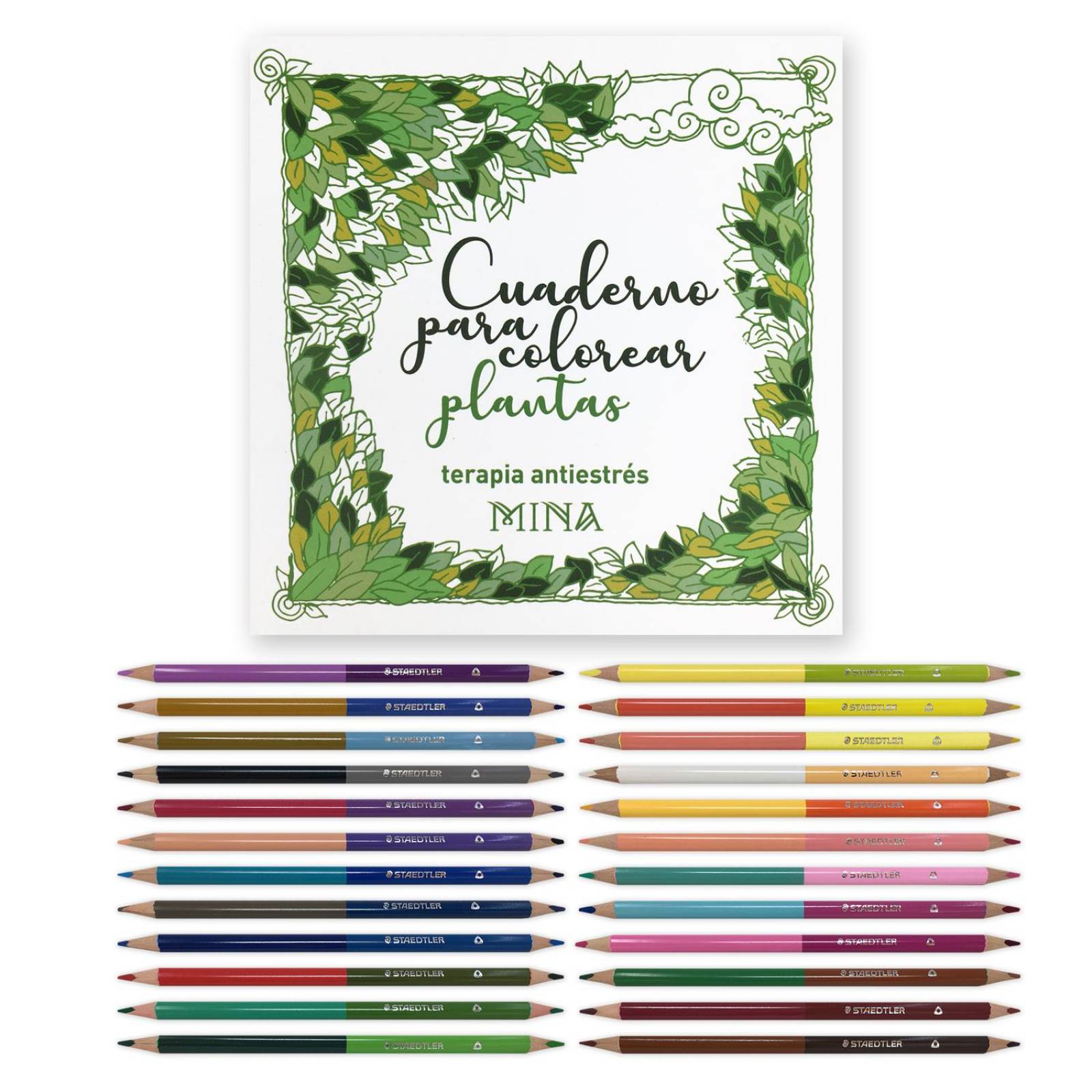 Block diseños de Plantas para Colorear Y 24 lápices Bicolores 