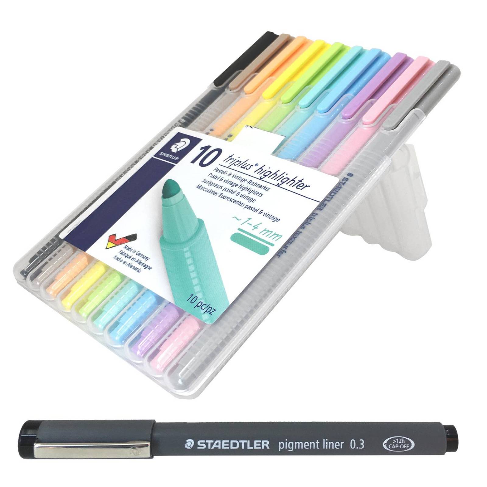 Estuche Rígido de 10 Resaltadores Pastel Trisplus con Estuche de Plástico Rígido y Fineliner 