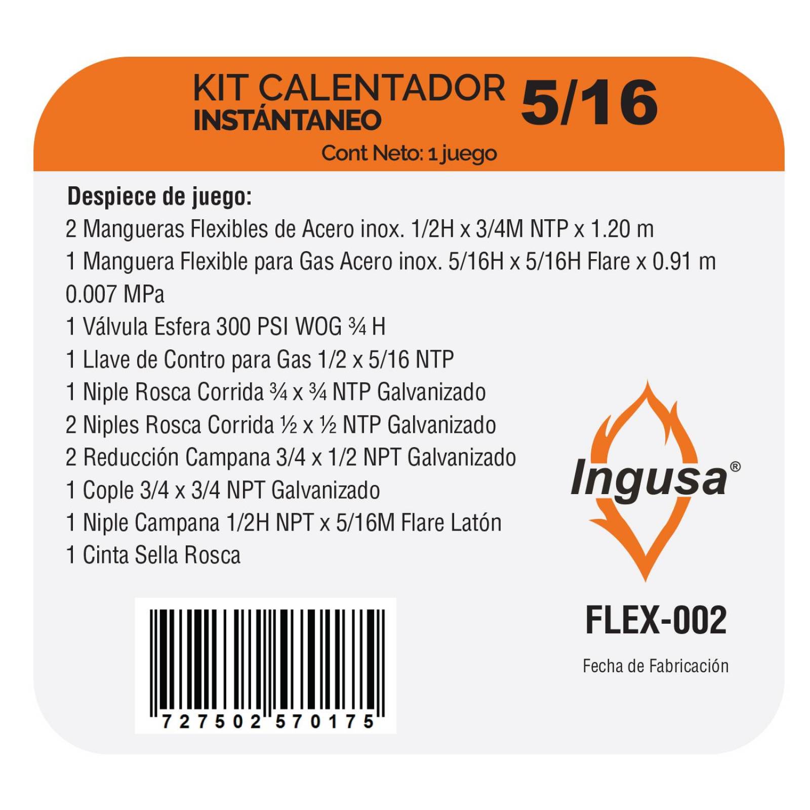 Kit de instalación calentador instantáneo 1/2 agua 5/16 gas 