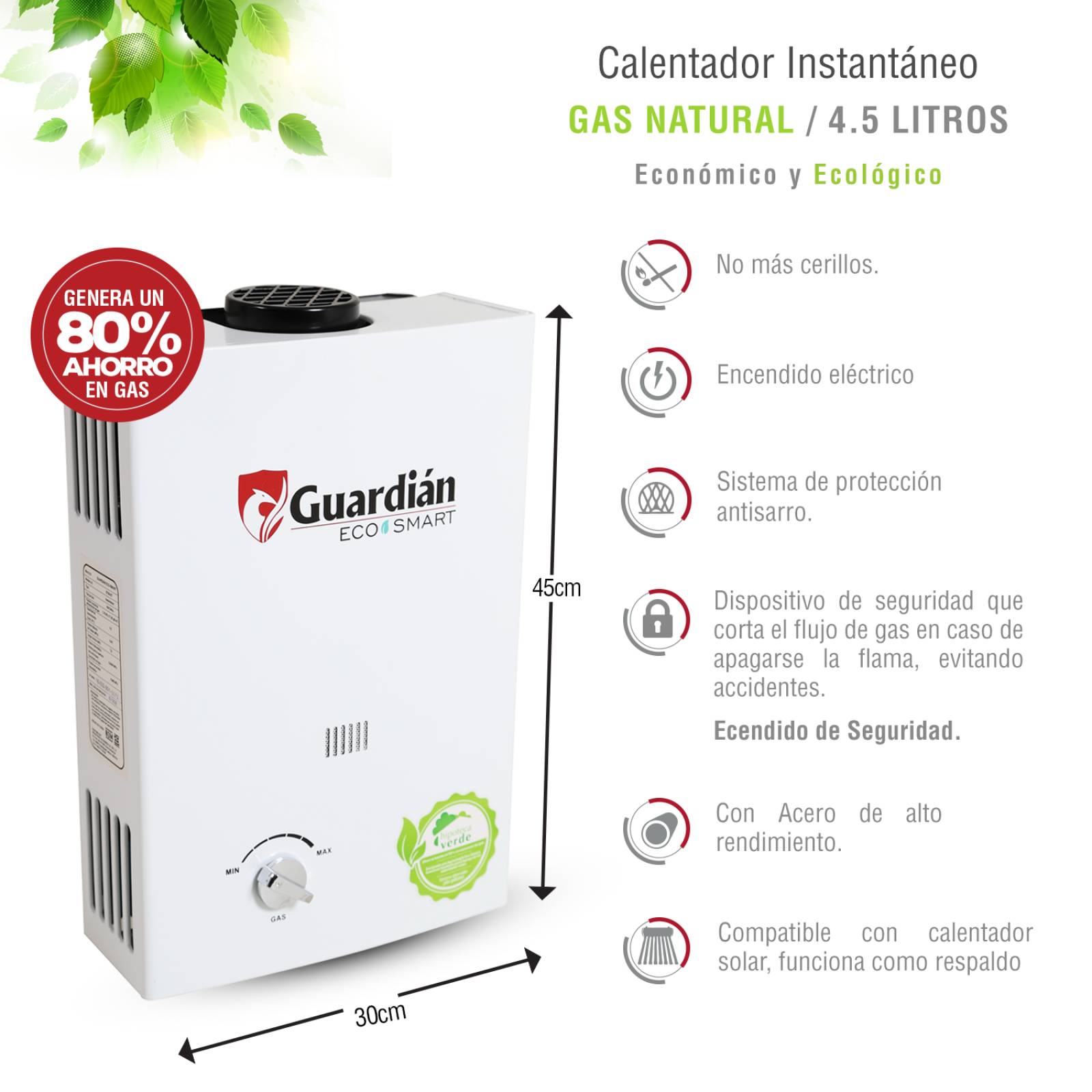 BOILER CALENTADOR INSTANTANEO GAS NATURAL 4.5 L 1.5 SERVICIOS INGUSA GUARDIAN