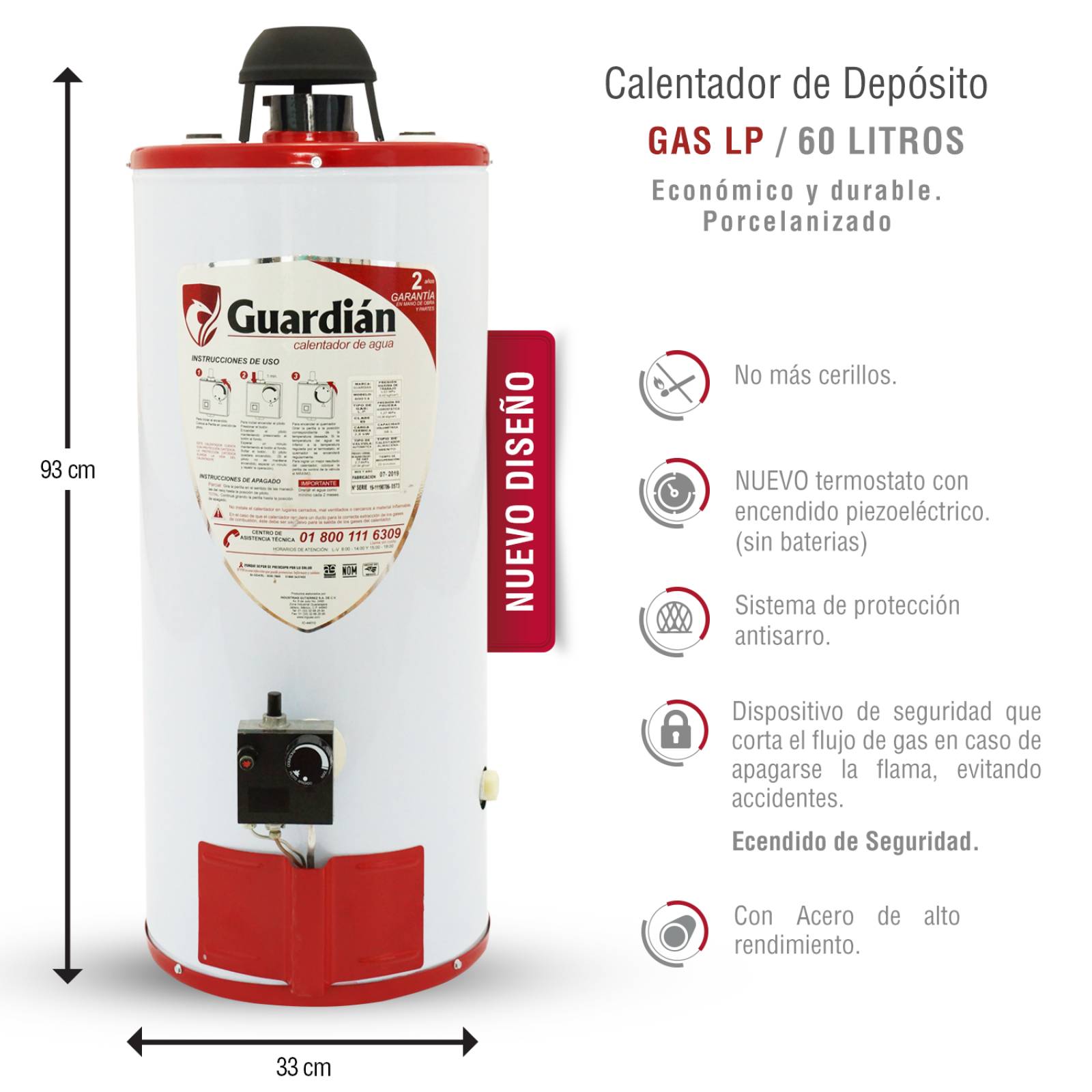Boiler deposito gas lp 60l 2.5 servicios encendido piezoeléctrico guardian
