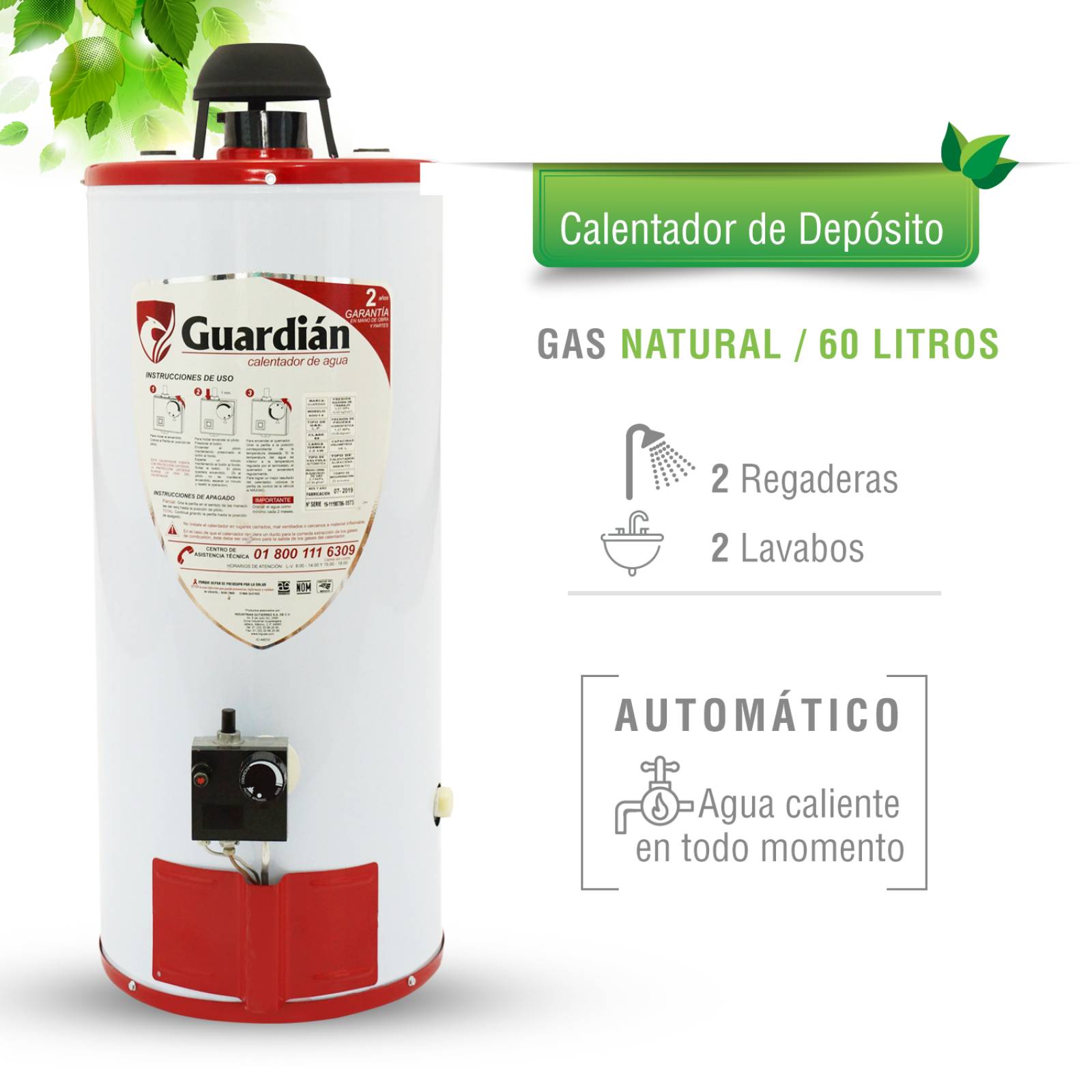 Boiler deposito gas natural 60l 2.5 servicios encendido piezoeléctrico guardian