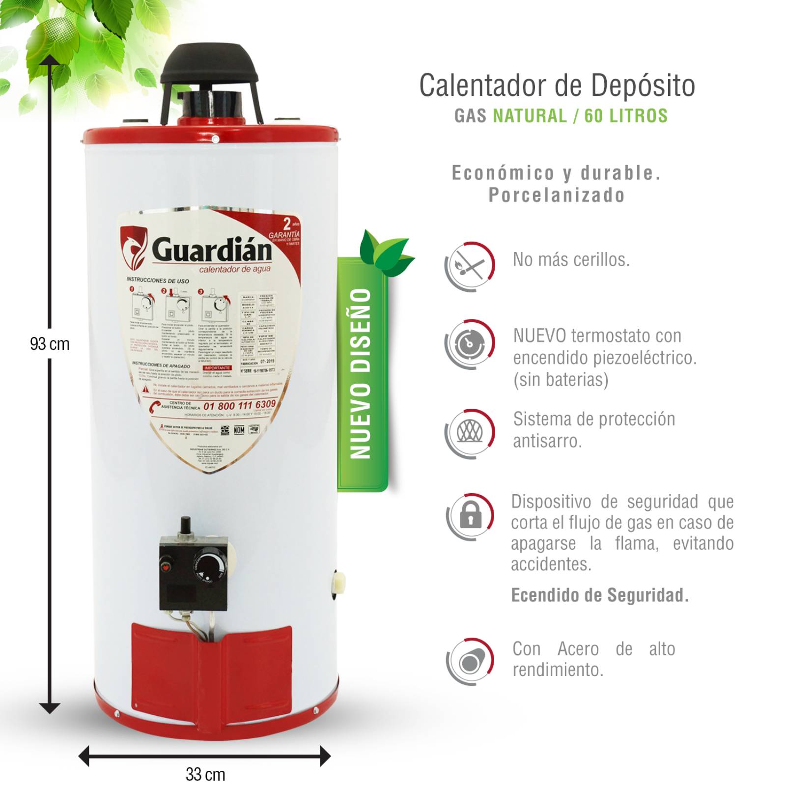 Boiler deposito gas natural 60l 2.5 servicios encendido piezoeléctrico guardian
