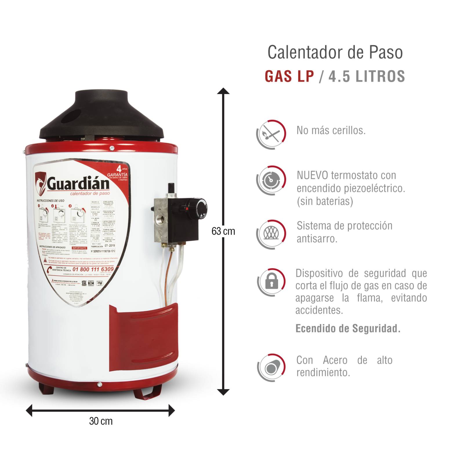BOILER DE PASO GAS LP 4.5L 1.5 SERVICIOS SOPORTE PARED GUARDIAN 
