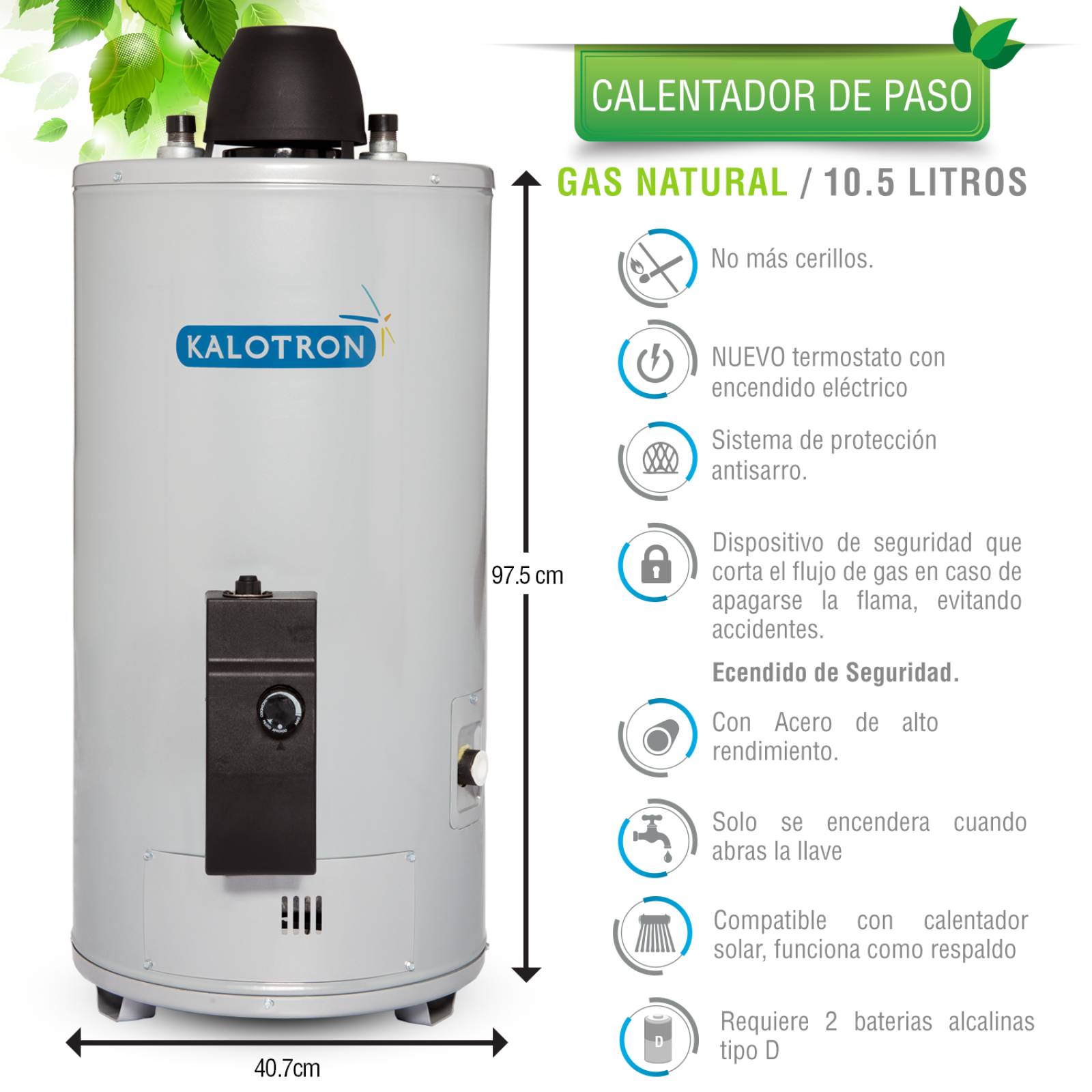 Boiler de paso gas natural 10.5l 3.5 servicios encendido electrico kalotron 
