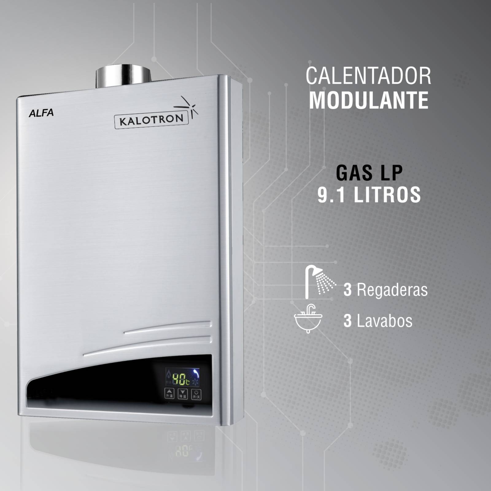 Calentador agua instantaneo 9l gas lp y gas natural modulante 3 servicios kalotron 
