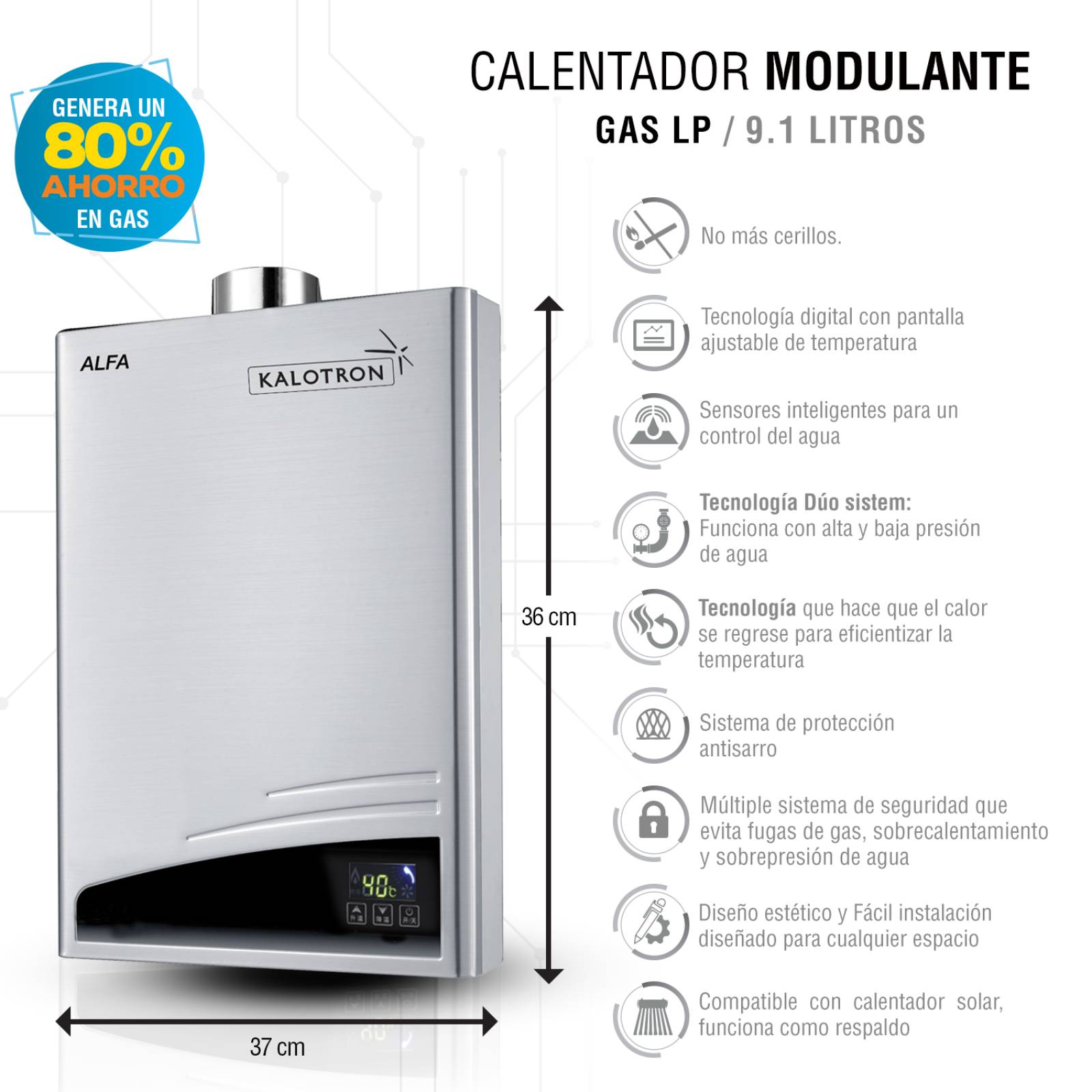 Calentador agua instantaneo 9l gas lp y gas natural modulante 3 servicios kalotron 