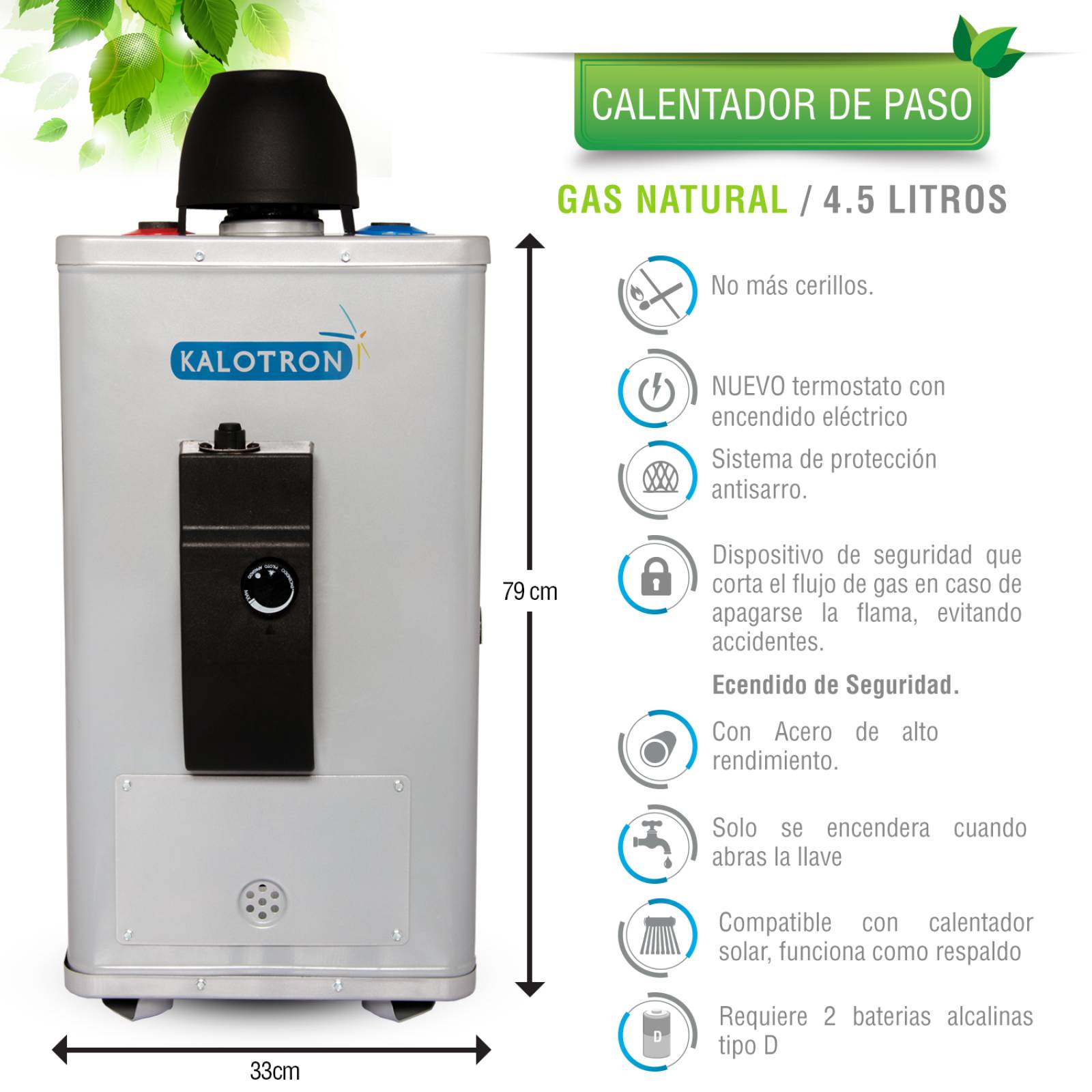 Boiler de paso gas natural 4.5l 1.5 servicios encendido electrico kalotron 