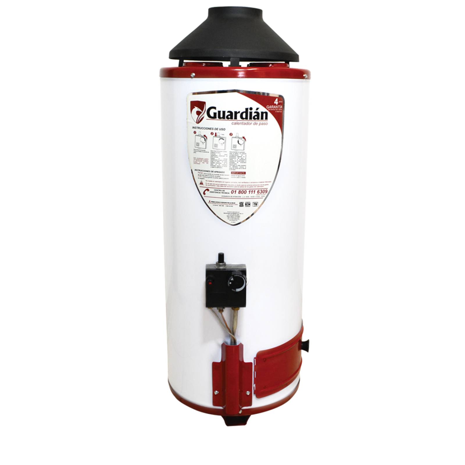 BOILER DE PASO GAS NATURAL 7.8L 2.5 SERVICIOS ENCENDIDO PIEZOELECTRICO GUARDIAN CON SOPORTE 