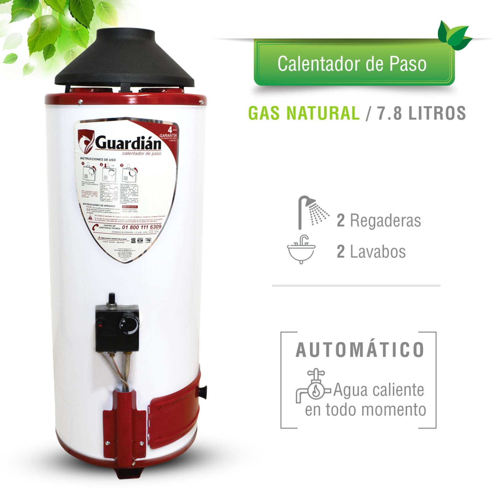 BOILER DE PASO GAS NATURAL 7.8L 2.5 SERVICIOS ENCENDIDO PIEZOELECTRICO GUARDIAN CON SOPORTE 