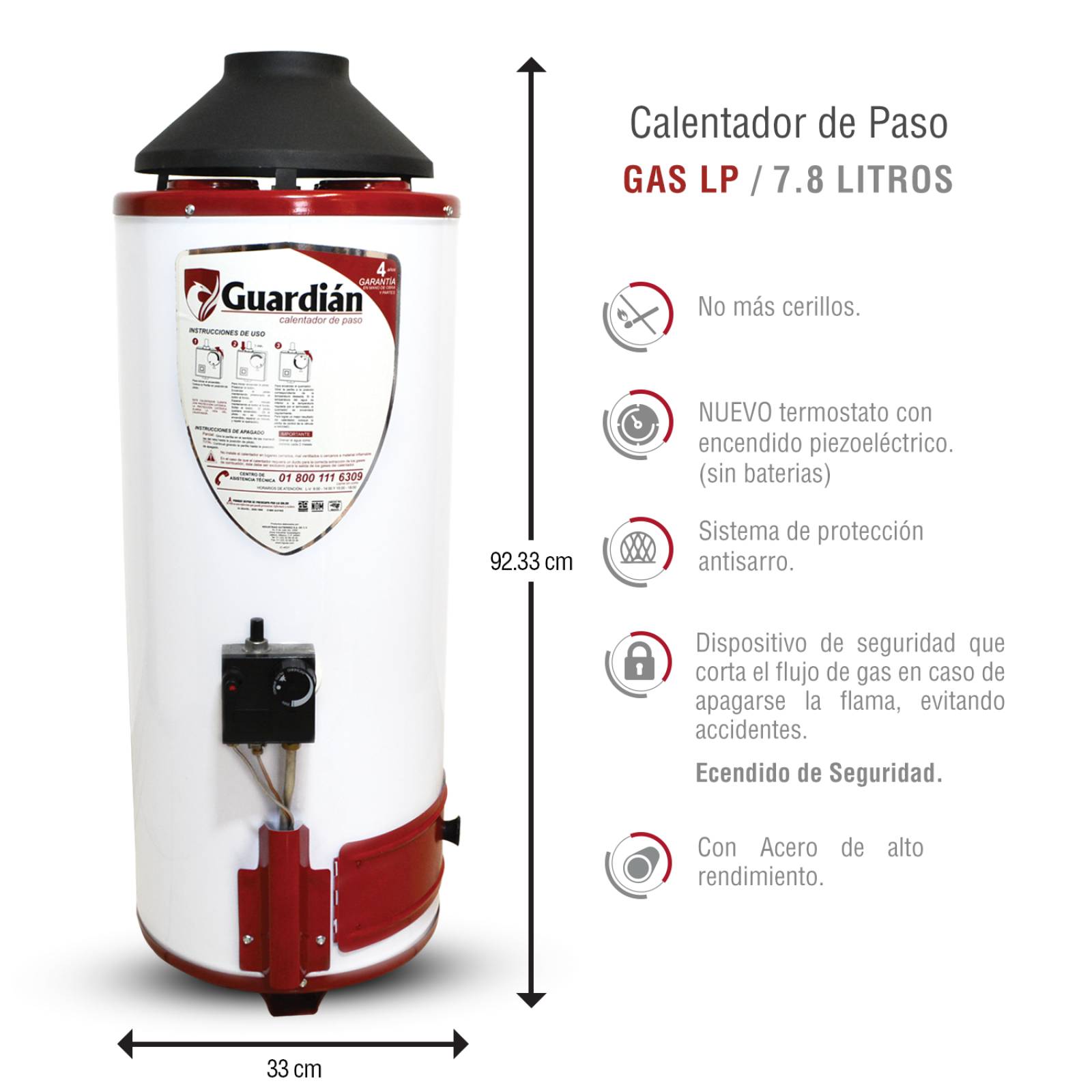 BOILER DE PASO GAS NATURAL 7.8L 2.5 SERVICIOS ENCENDIDO PIEZOELECTRICO GUARDIAN CON SOPORTE 