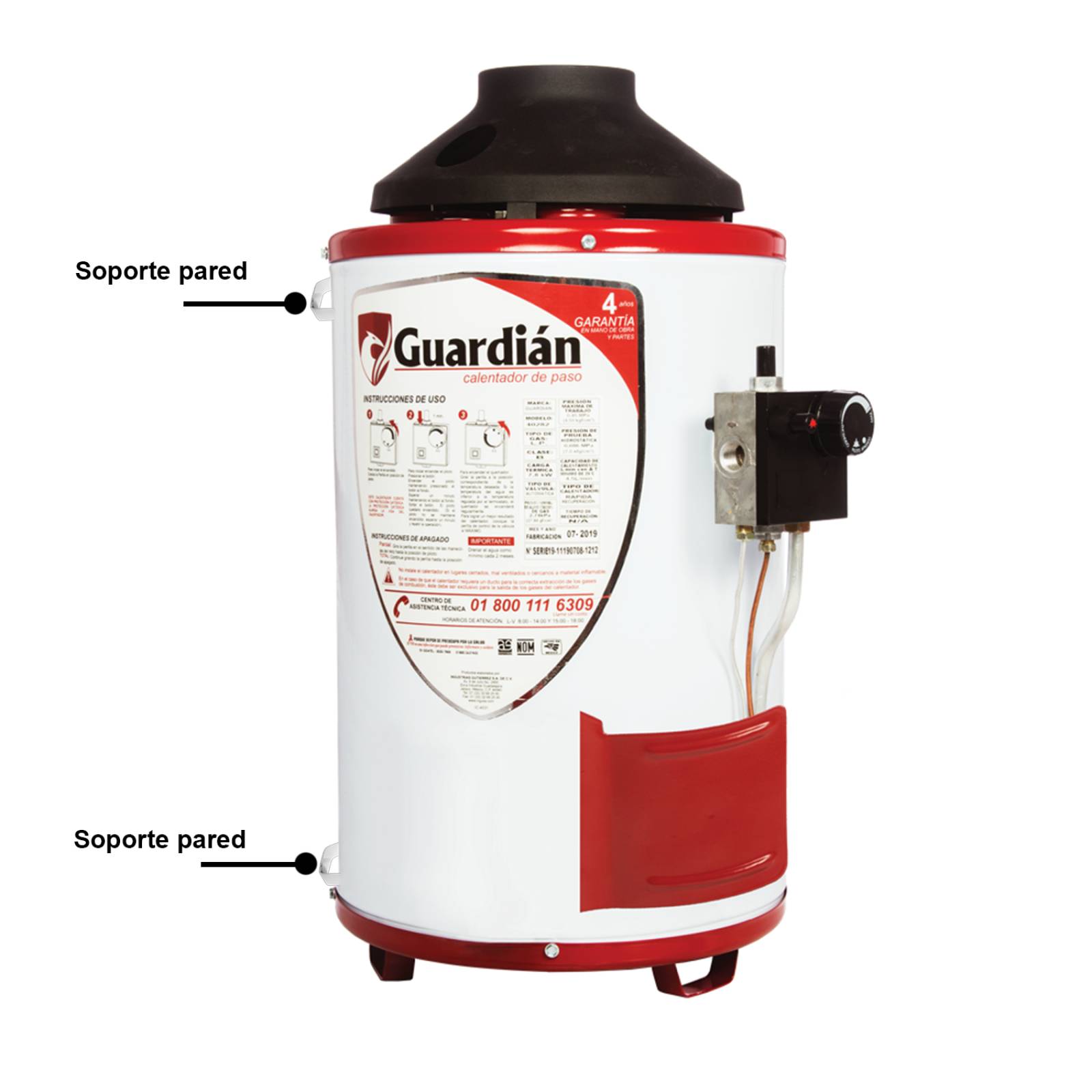 BOILER DE PASO GAS NATURAL 4.5L 1.5 SERVICIOS SOPORTE PARED GUARDIAN 