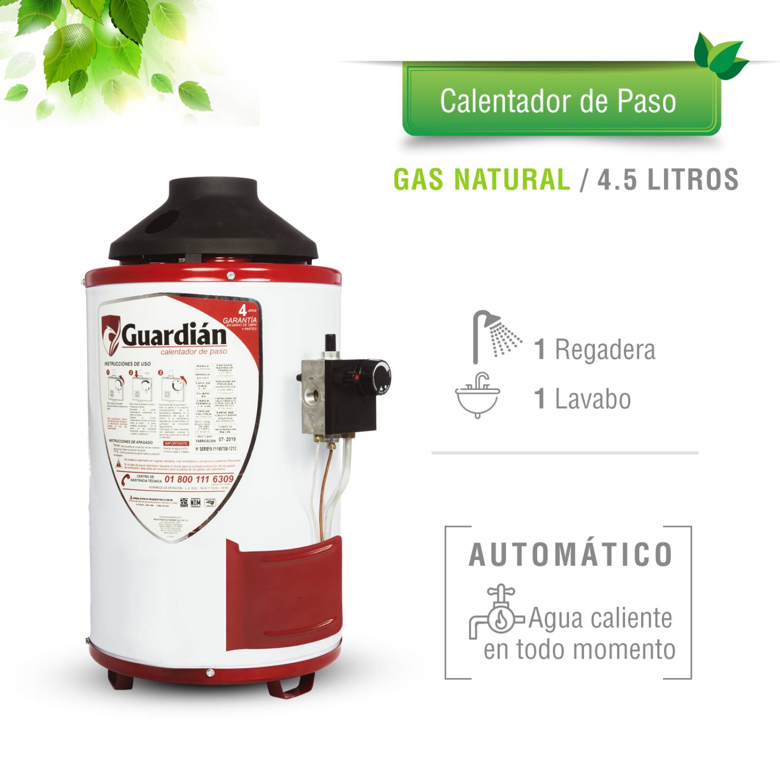 BOILER DE PASO GAS NATURAL 4.5L 1.5 SERVICIOS SOPORTE PARED GUARDIAN 