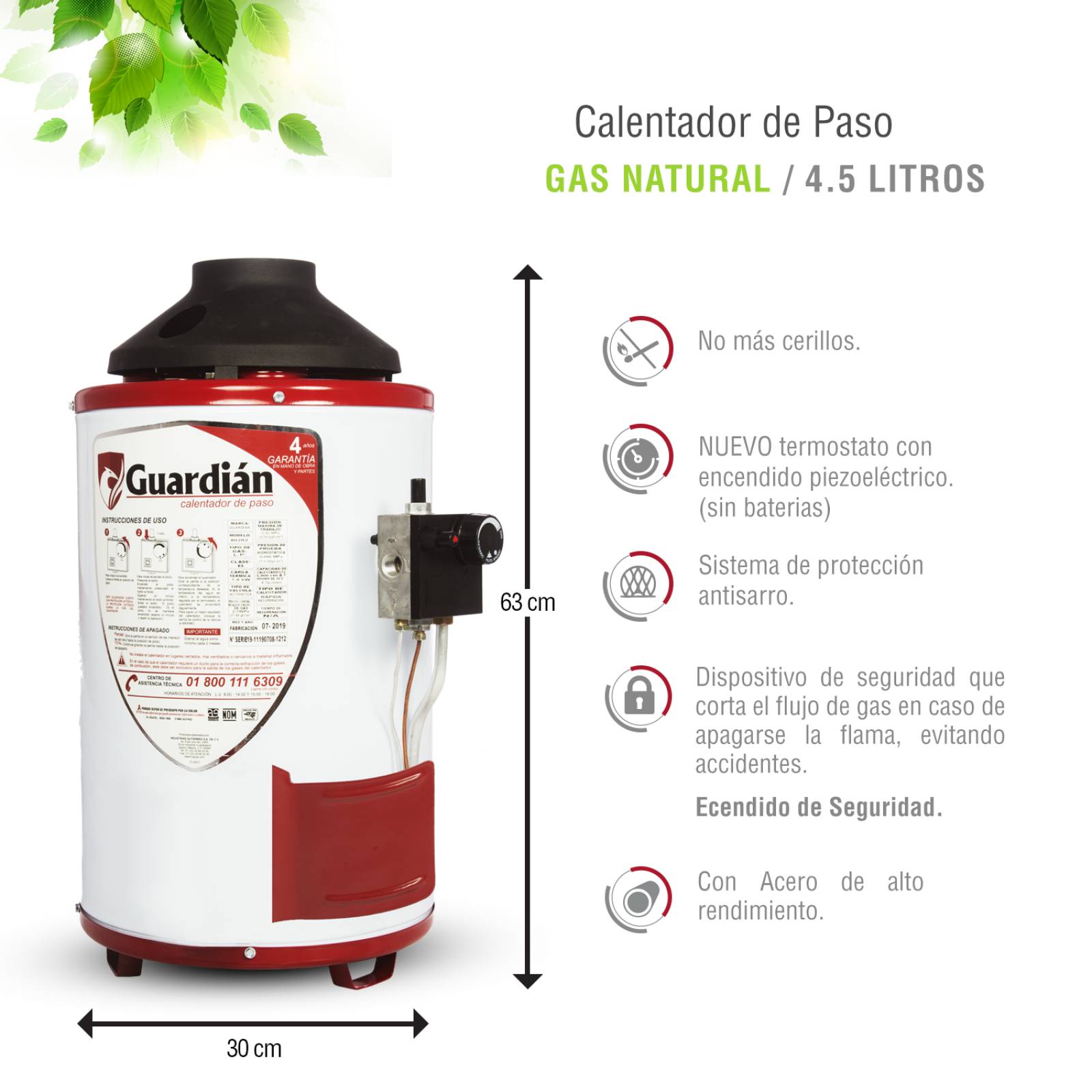 BOILER DE PASO GAS NATURAL 4.5L 1.5 SERVICIOS SOPORTE PARED GUARDIAN 