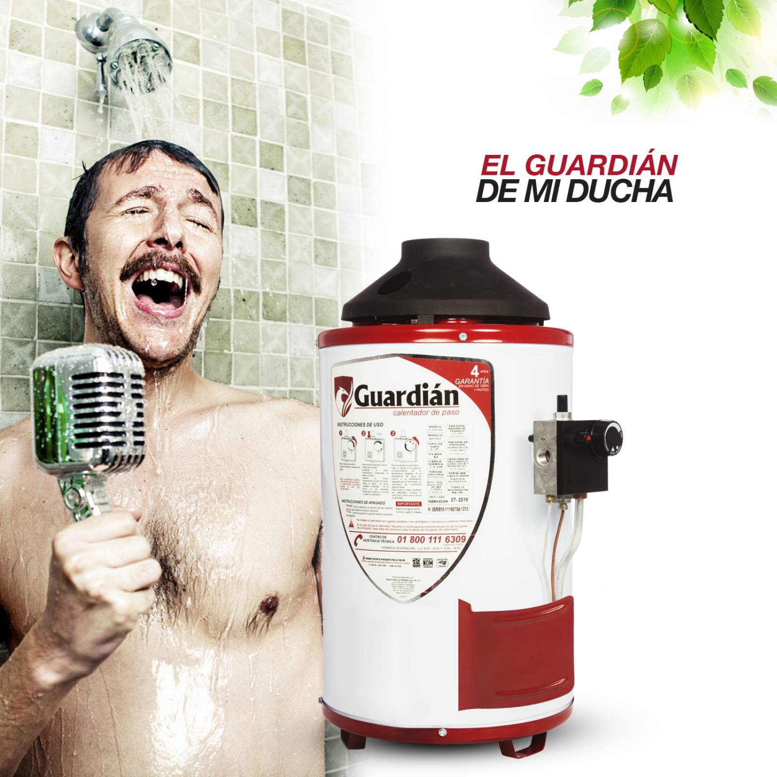 BOILER DE PASO GAS NATURAL 4.5L 1.5 SERVICIOS SOPORTE PARED GUARDIAN 