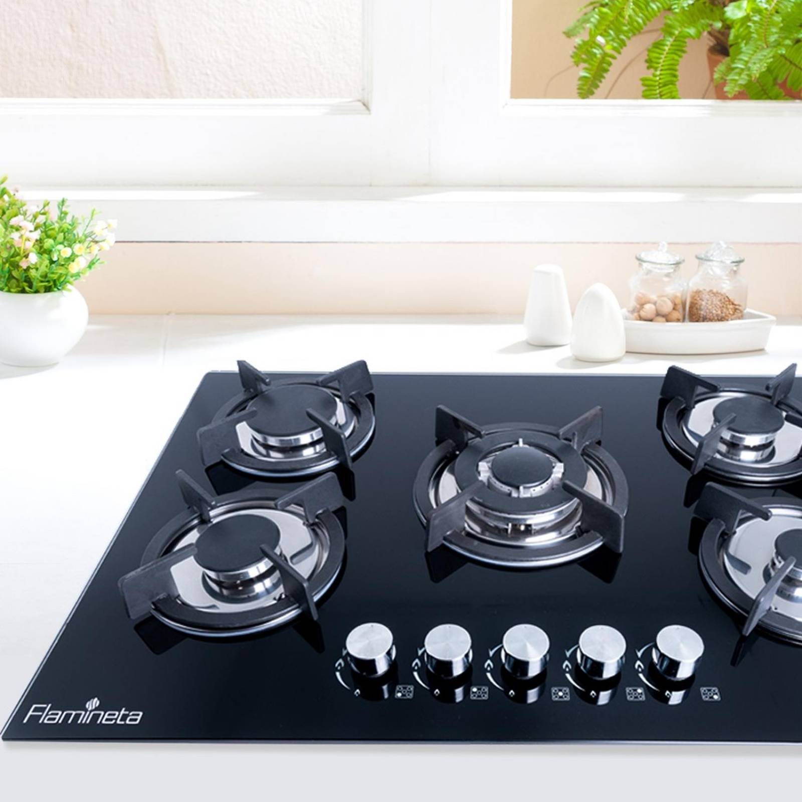 Parrilla estufa de gas 5 quemadores empotrable cristal templado 