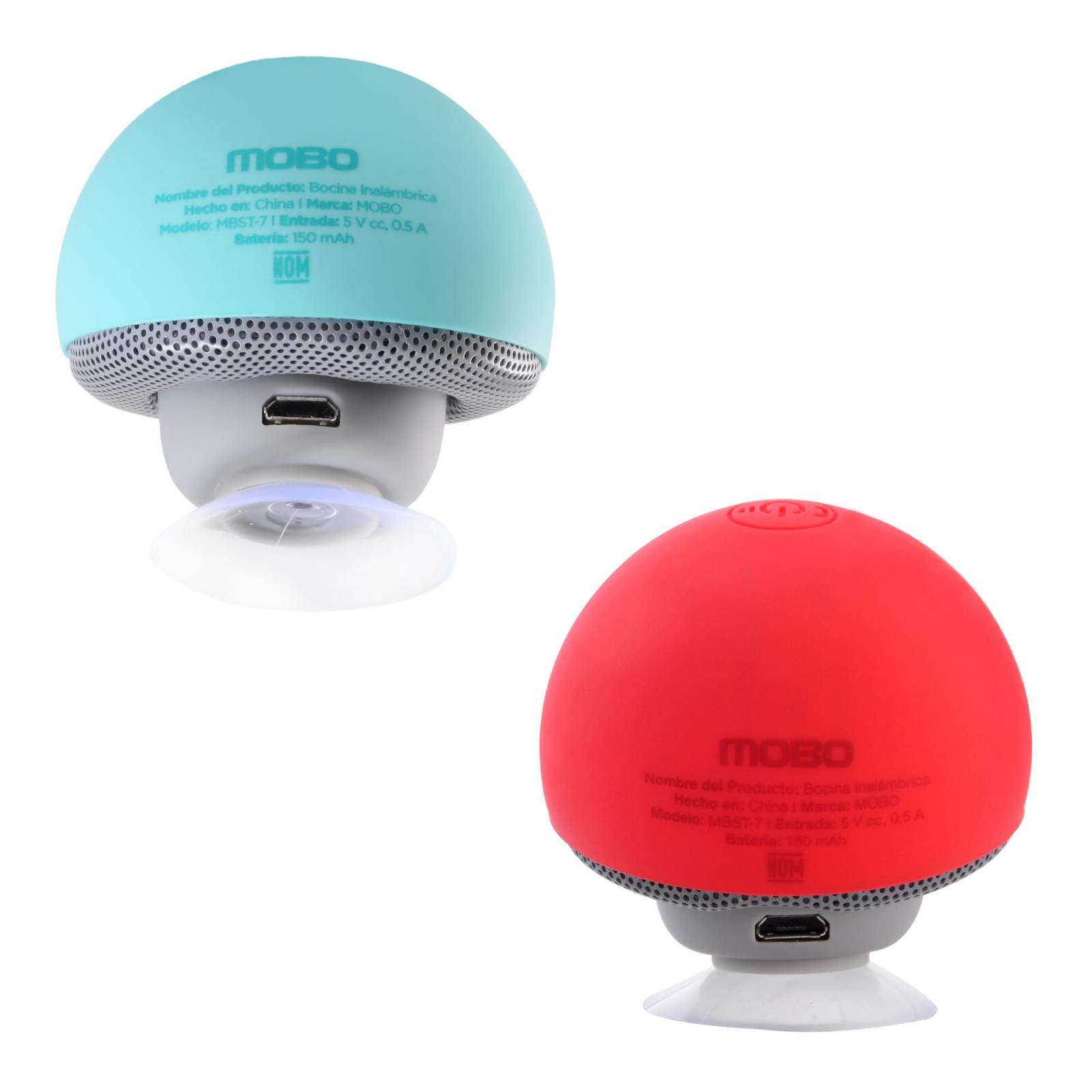 2 Bocinas MOBO Bluetooth Portátil Honguito Micrófono Integrado Color Rojo y Azul