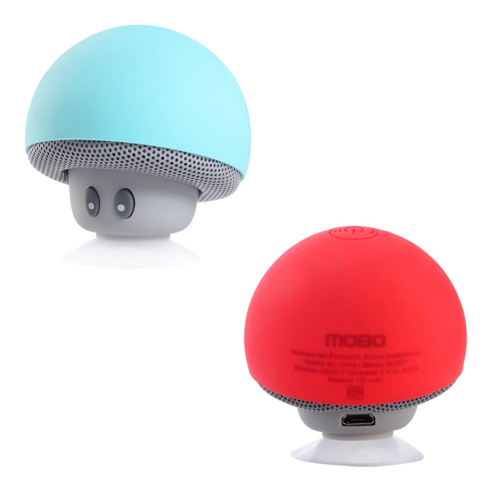 2 Bocinas MOBO Bluetooth Portátil Honguito Micrófono Integrado Color Rojo y Azul