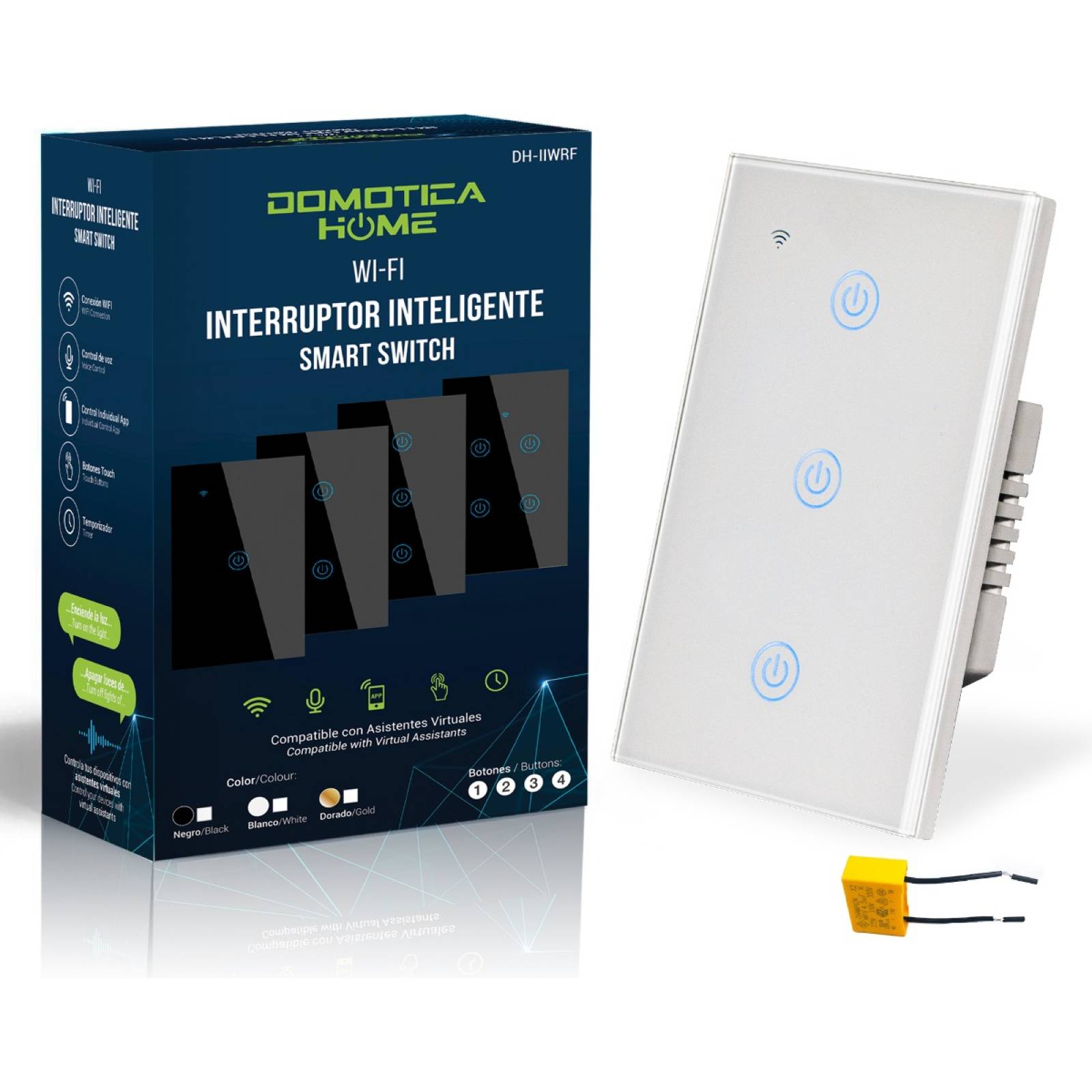 Apagador WiFi 3 Botones: Voz con Alexa/Google Home - Instalación Flexible: Línea y Neutro o Línea + Capacitor, (Blanco)