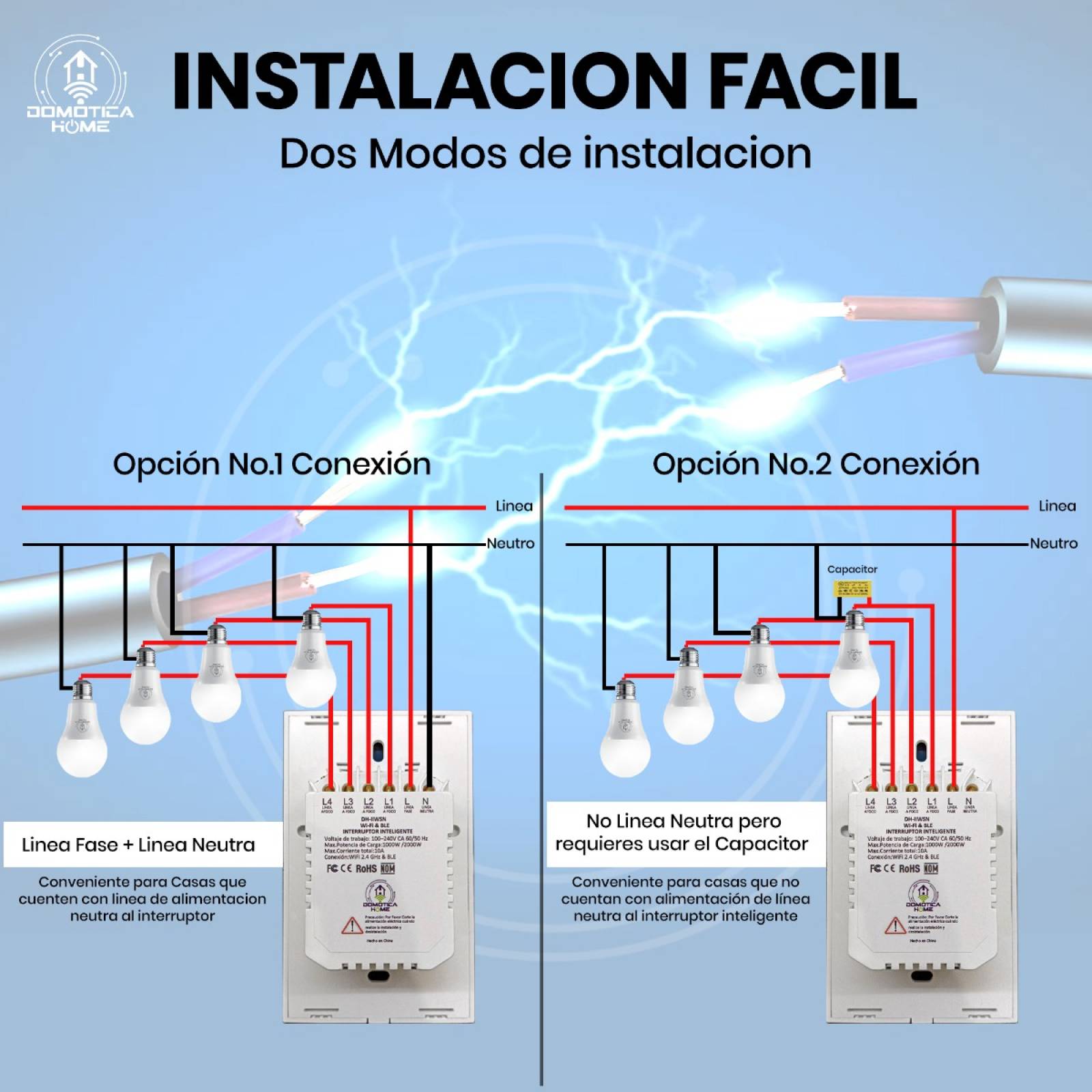 Apagador WiFi 4 Botones: Voz con Alexa/Google Home - Instalación Flexible: Línea y Neutro o Línea + Capacitor, (Negro)
