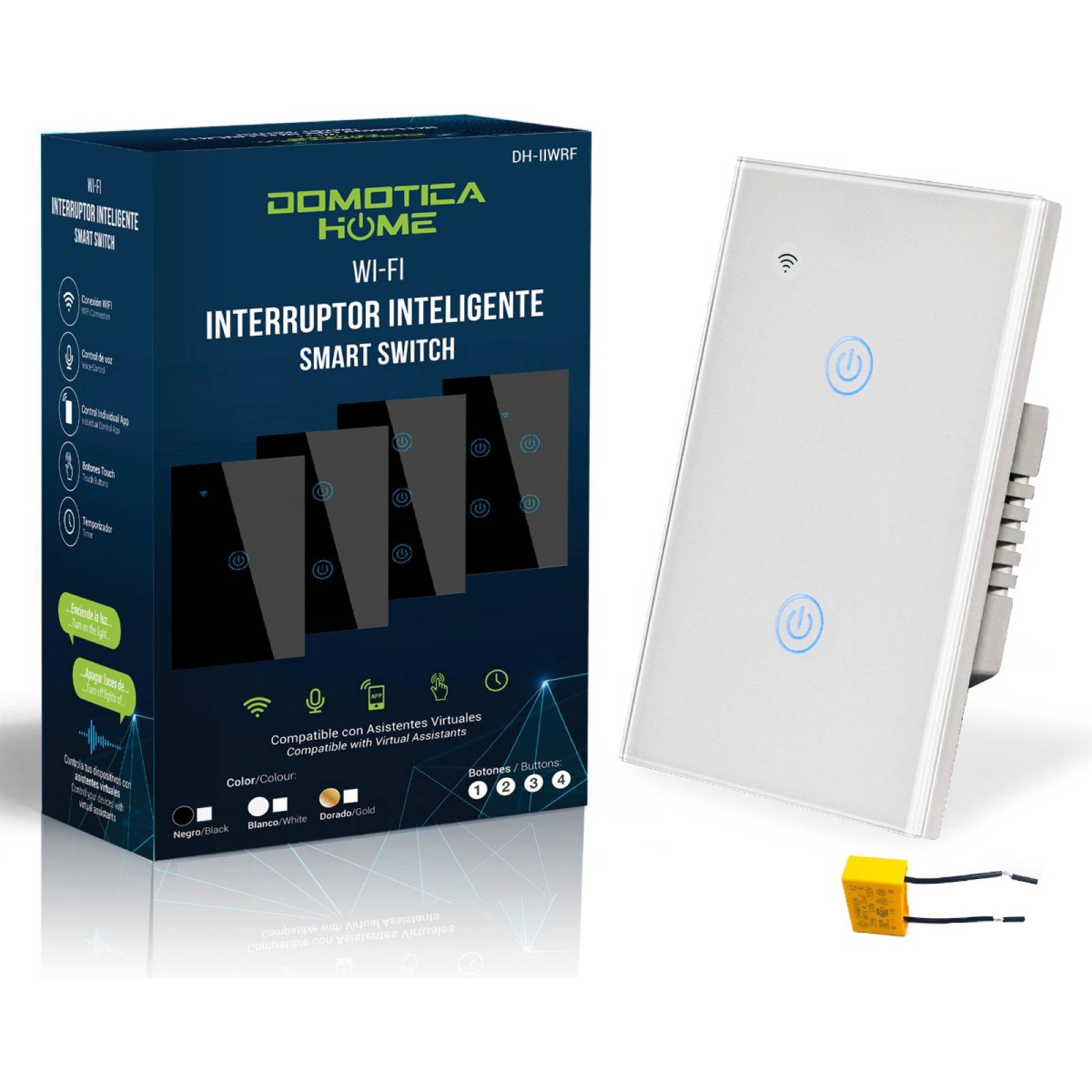 Apagador WiFi 2 Botones: Voz con Alexa/Google Home - Instalación Flexible: Línea y Neutro o Línea + Capacitor, (Blanco)