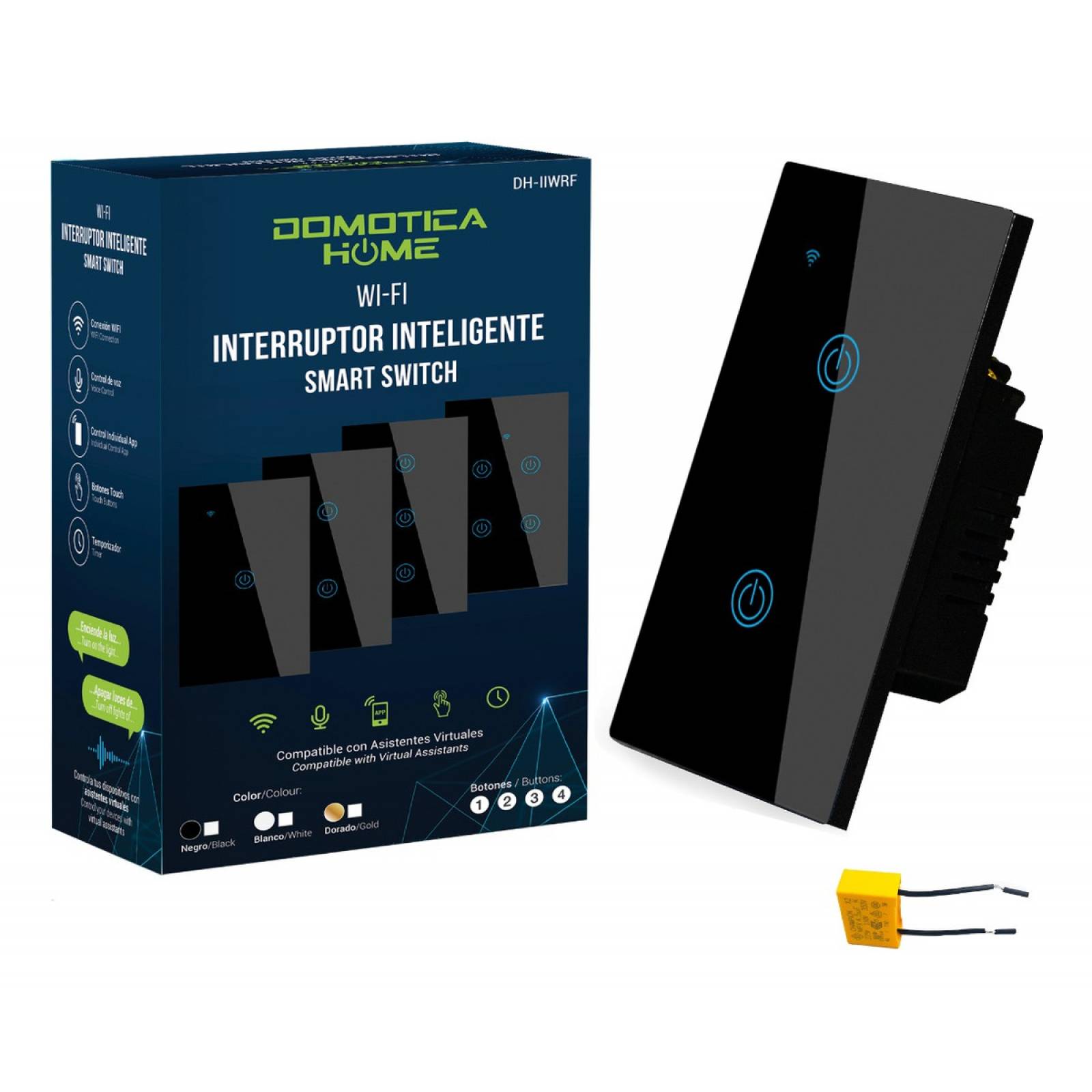 Apagador WiFi 2 Botones: Voz con Alexa/Google Home - Instalación Flexible: Línea y Neutro o Línea + Capacitor, (Negro)