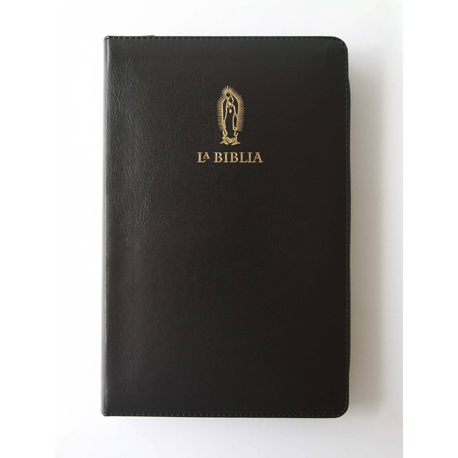 Biblia Católica: Edición letra grande. Símil piel negra, con cremallera, con Virgen de Guadalupe