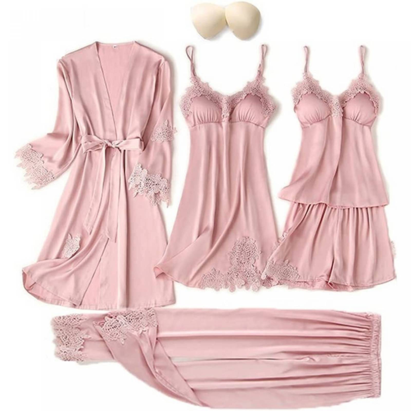 Pijama saten 6 en 1 Ügav conjunto bata, vestido, blusa, short, pantalon y pads