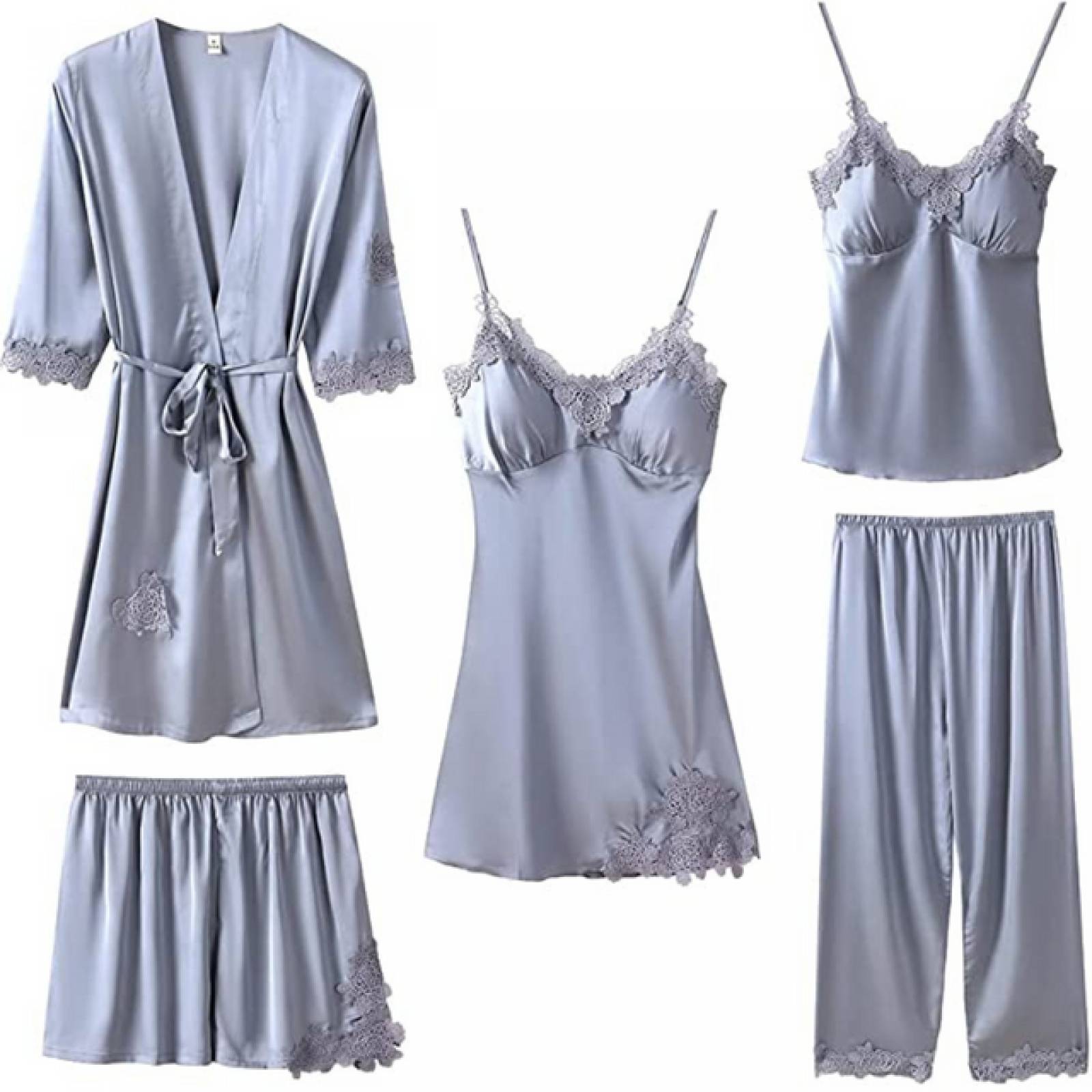 Pijama saten 6 en 1 Ügav conjunto bata, vestido, blusa, short, pantalon y pads