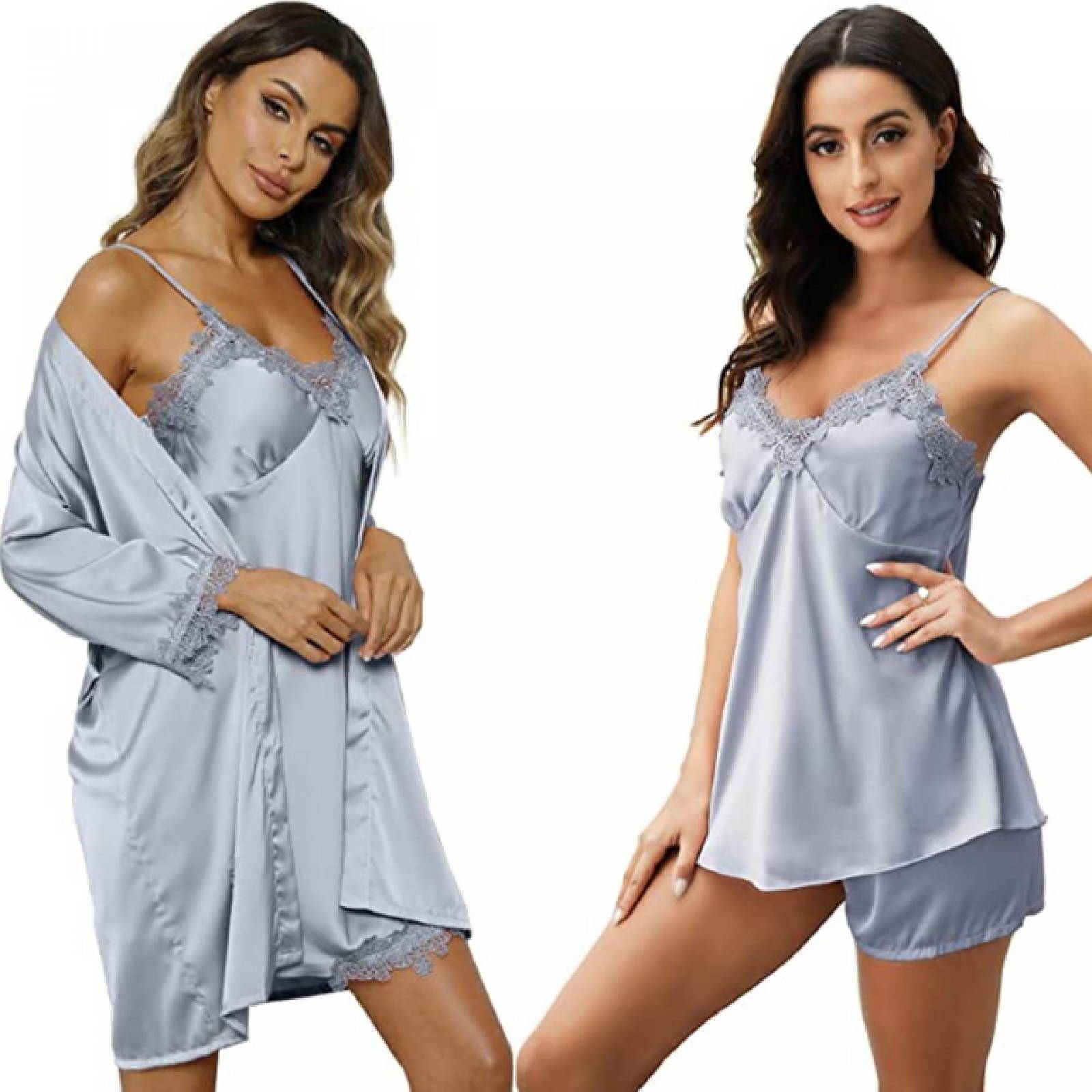 Pijama saten 6 en 1 Ügav conjunto bata, vestido, blusa, short, pantalon y pads