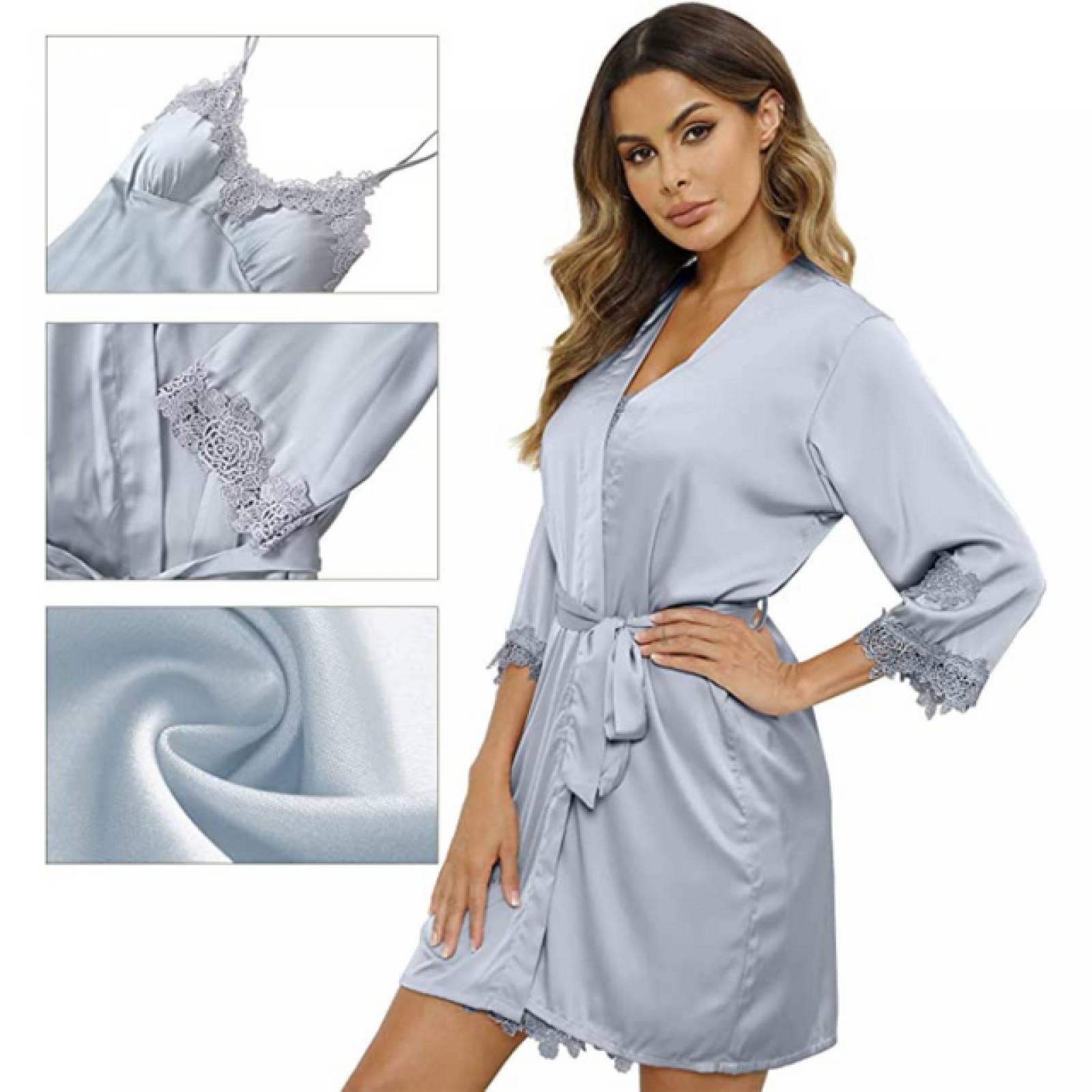 Pijama saten 6 en 1 Ügav conjunto bata, vestido, blusa, short, pantalon y pads