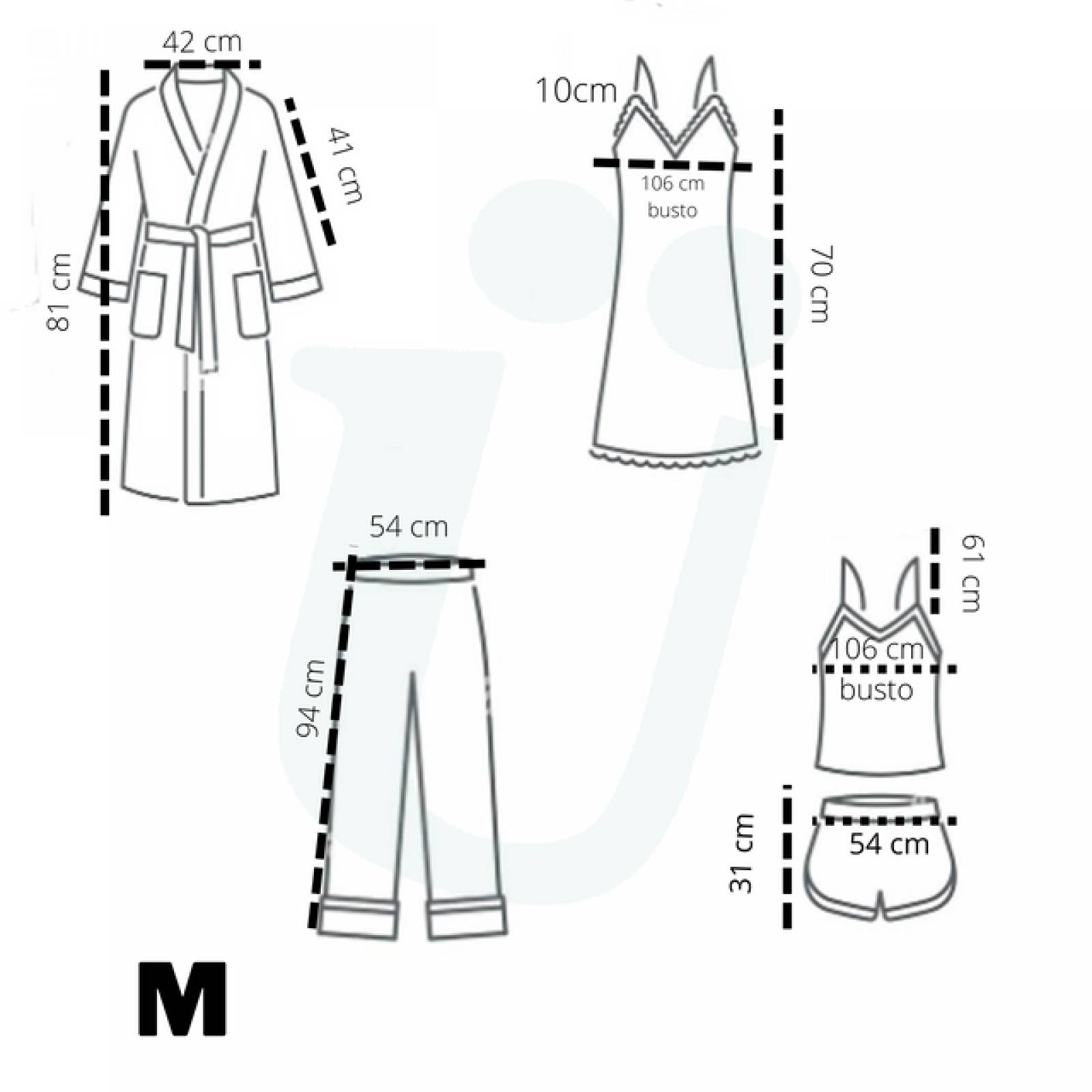 Pijama saten 6 en 1 Ügav conjunto bata, vestido, blusa, short, pantalon y pads