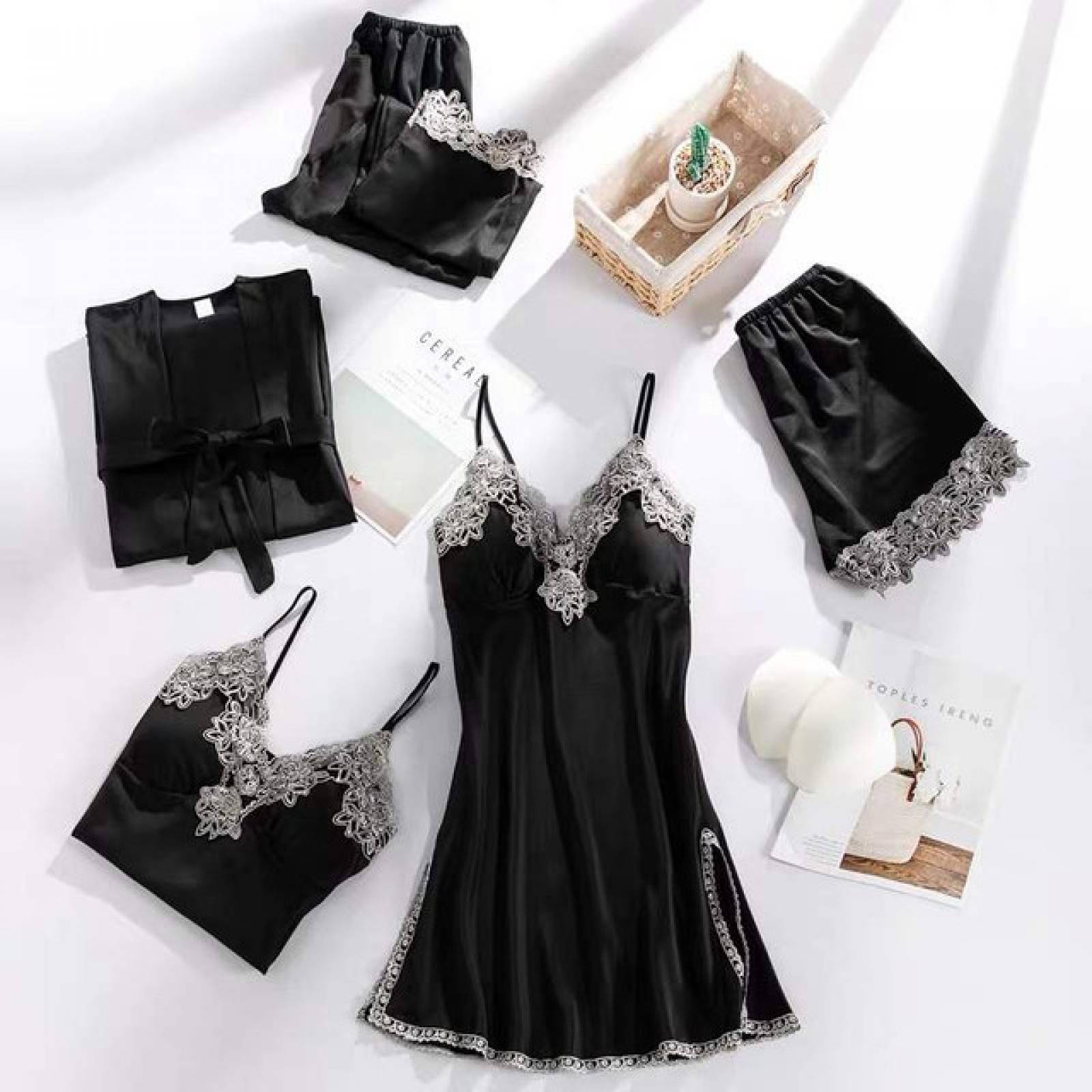 Pijama saten 6 en 1 Ügav conjunto bata, vestido, blusa, short, pantalon y pads