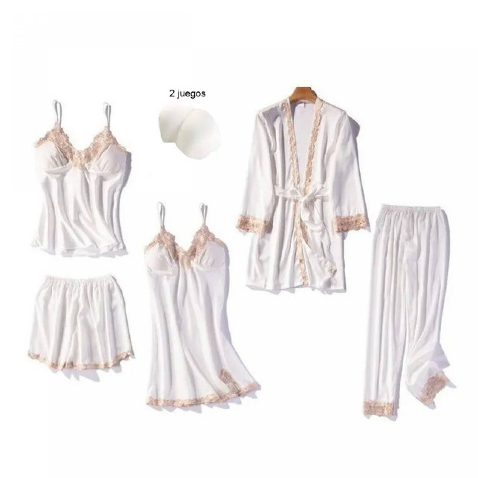 Pijama saten 6 en 1 Ügav conjunto bata, vestido, blusa, short, pantalon y pads