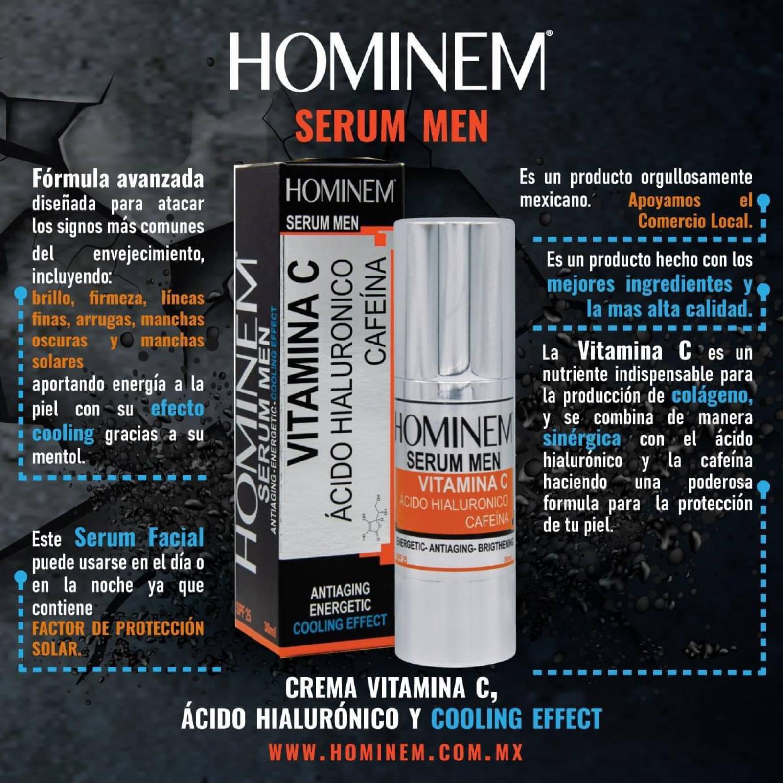 Serum para hombres, Vitamina C, ácido hialurónico, cafeína