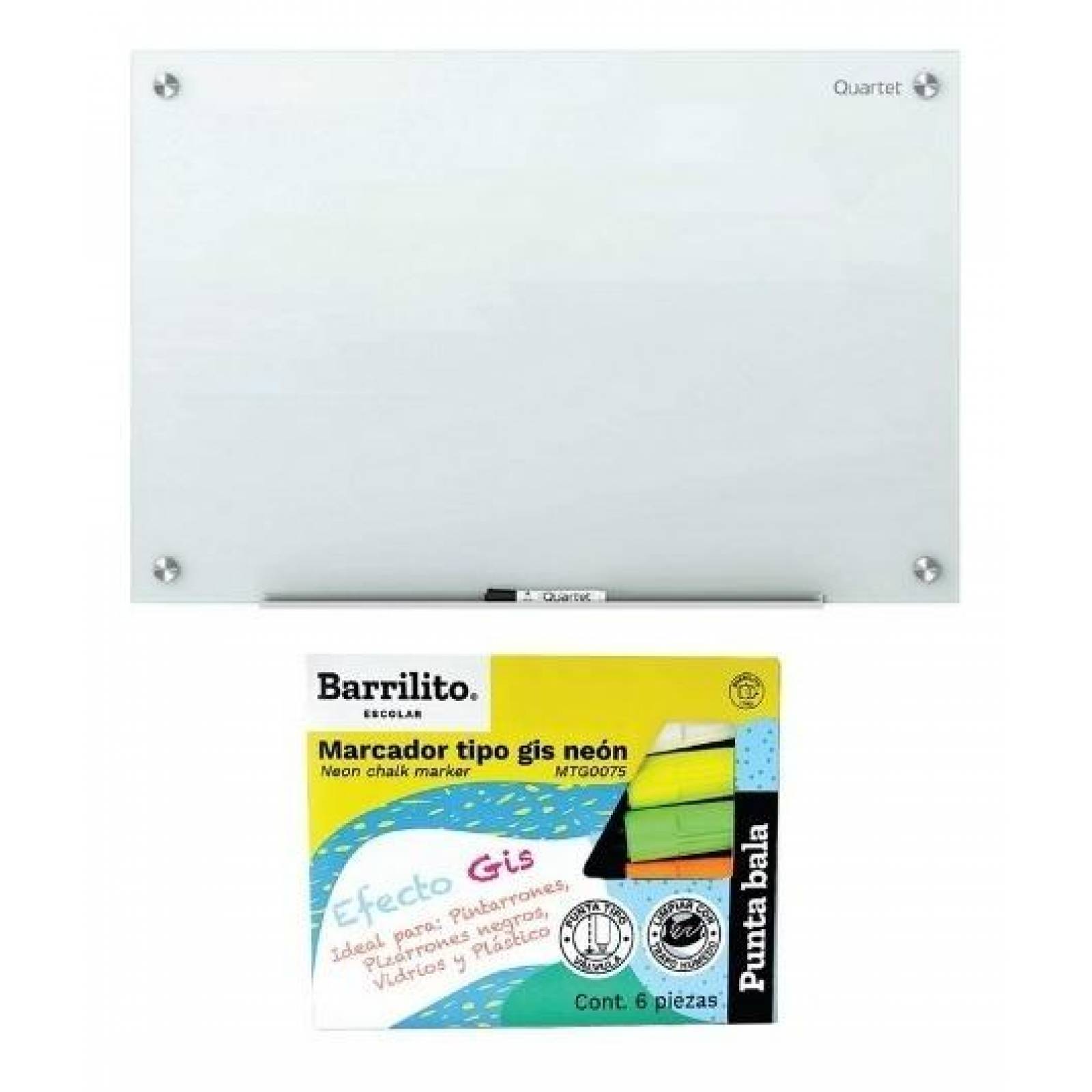 Pizarrón De Cristal 90x60cm Blanco y 6 Marcadores Neón 