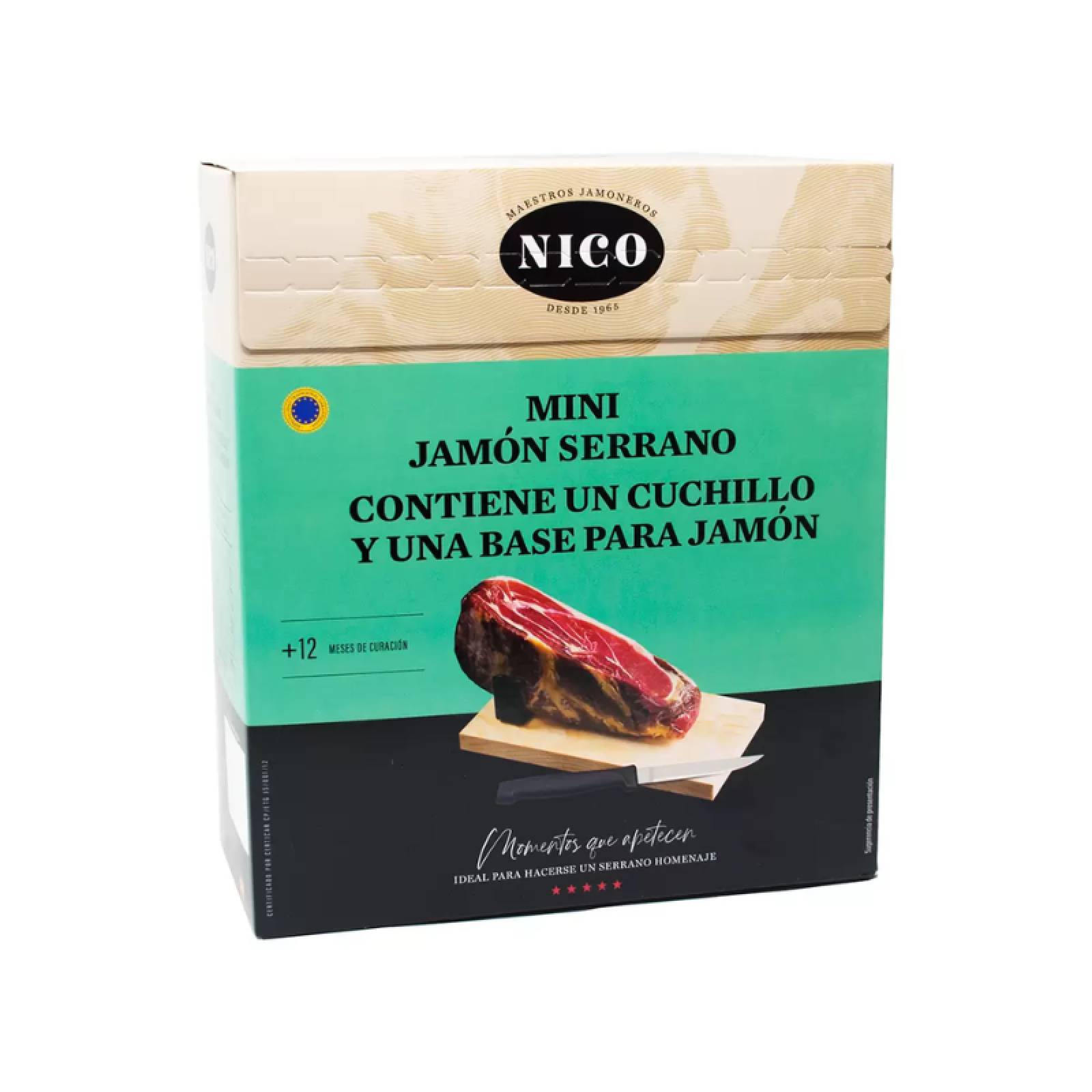 Mini Jamón Serrano Nico, 950 gr, Contiene Un Cuchillo y Una Base Para Jamón