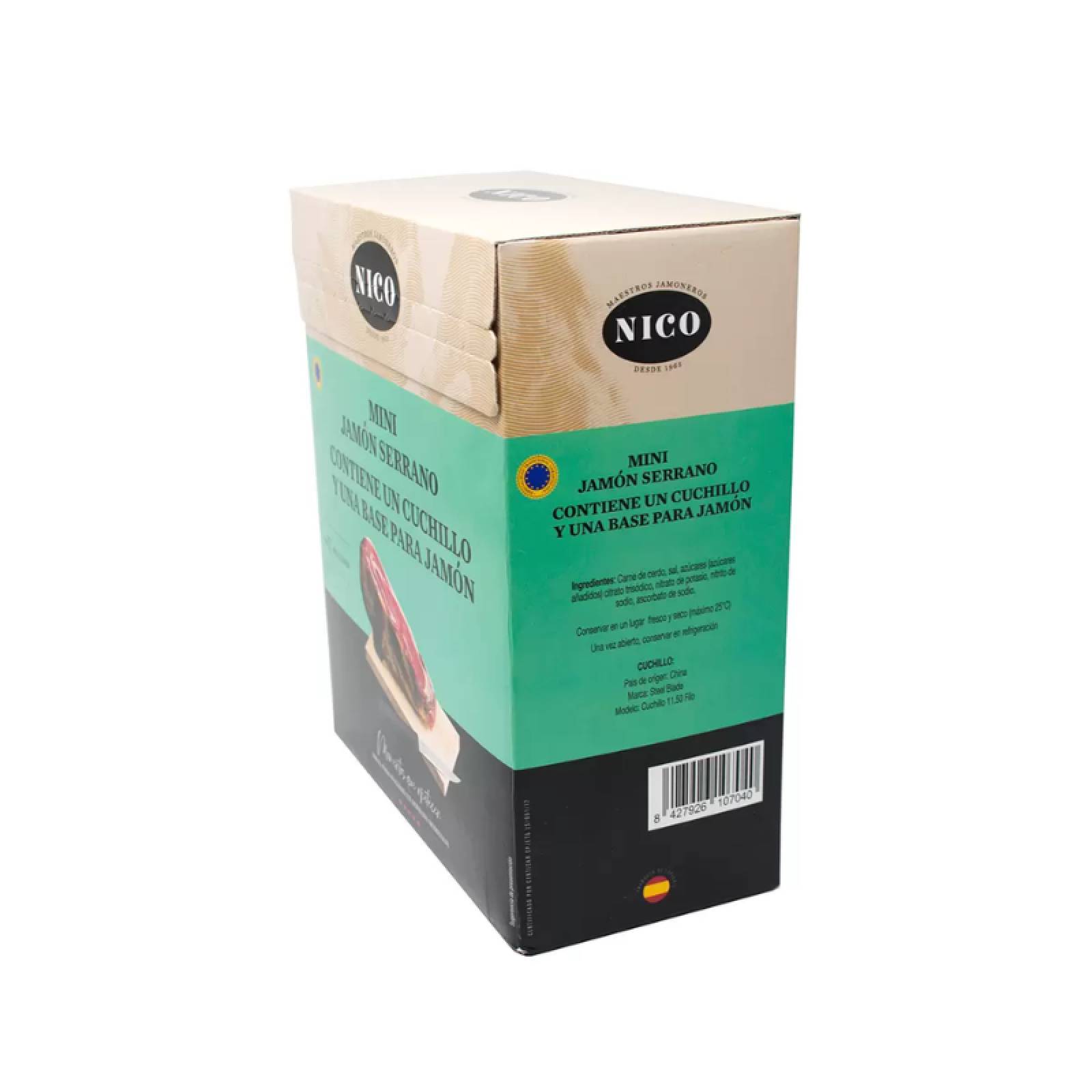 Mini Jamón Serrano Nico, 950 gr, Contiene Un Cuchillo y Una Base Para Jamón