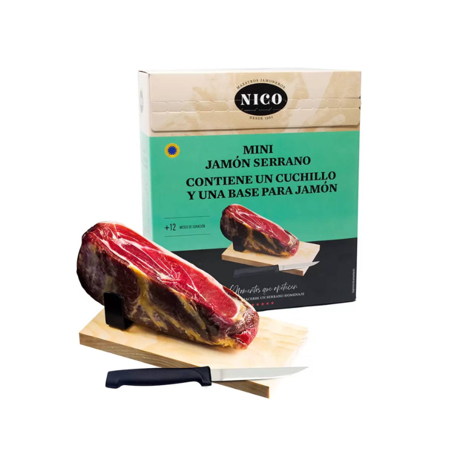 Mini Jamón Serrano Nico, 950 gr, Contiene Un Cuchillo y Una Base Para Jamón