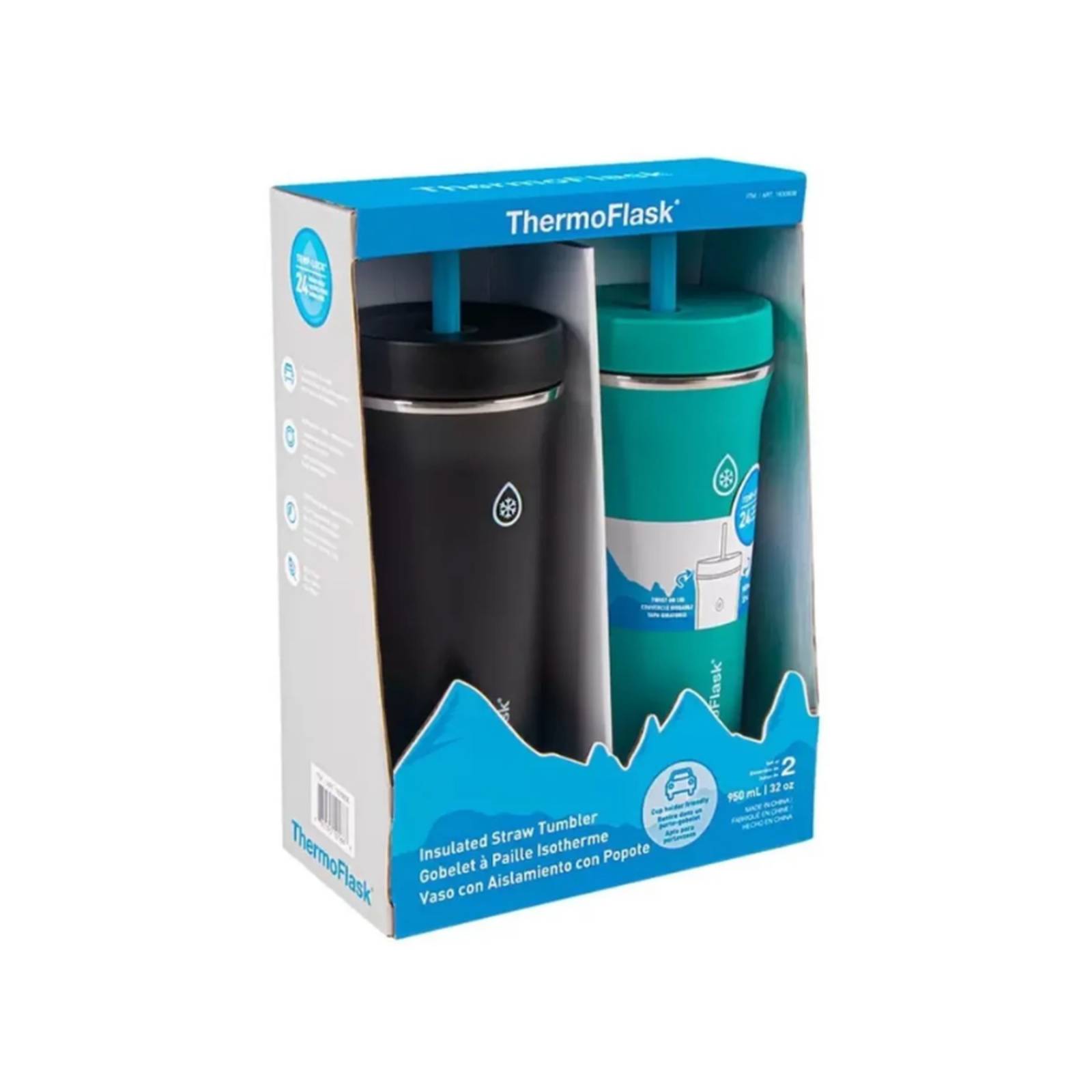 Set 2 Vasos Doble Pared Con Popote Thermoflask De 950ml C/u 0001-Negro 29.54x16x6