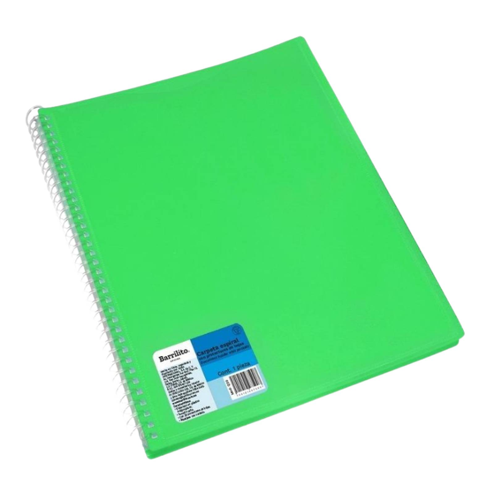 Carpeta Espiral Con Protectores De Hojas Marca Barrilito Verde